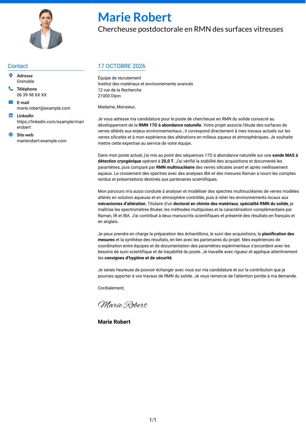 Lettre de motivation Audacieux (format à deux colonnes avec accents colorés et photo) : Chercheur en RMN du solide - Développement de la RMN 17O à abondance naturelle, page 1