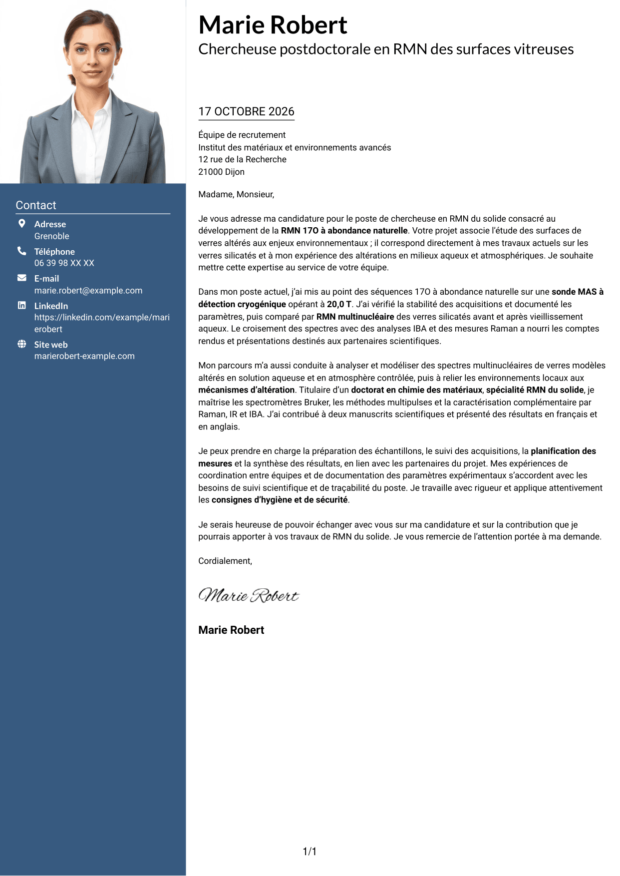 Lettre de motivation Signature (format à colonne latérale colorée avec grande photo) : Chercheur en RMN du solide - Développement de la RMN 17O à abondance naturelle, page 1