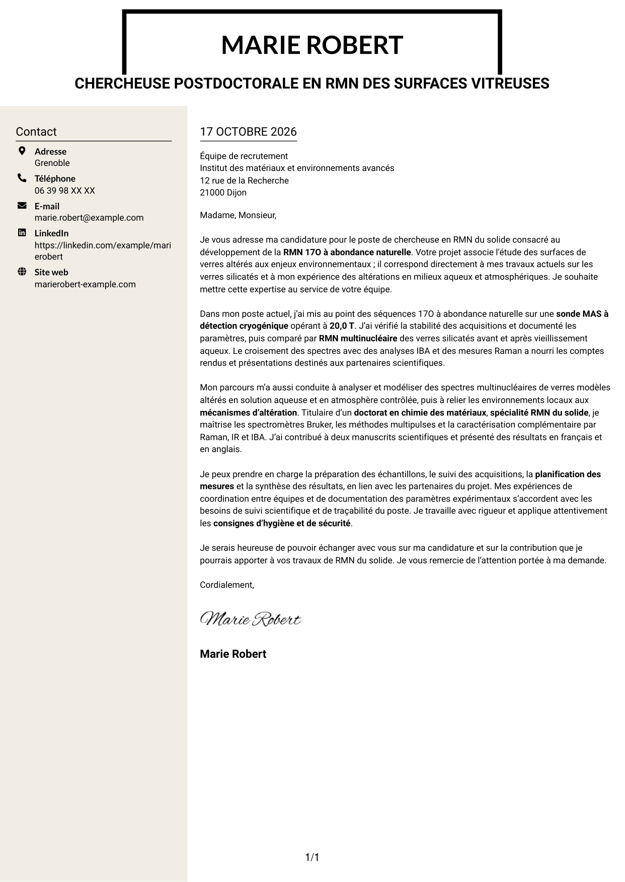 Lettre de motivation Fonceur (format à deux colonnes avec en-tête centré sans photo) : Chercheur en RMN du solide - Développement de la RMN 17O à abondance naturelle, page 1