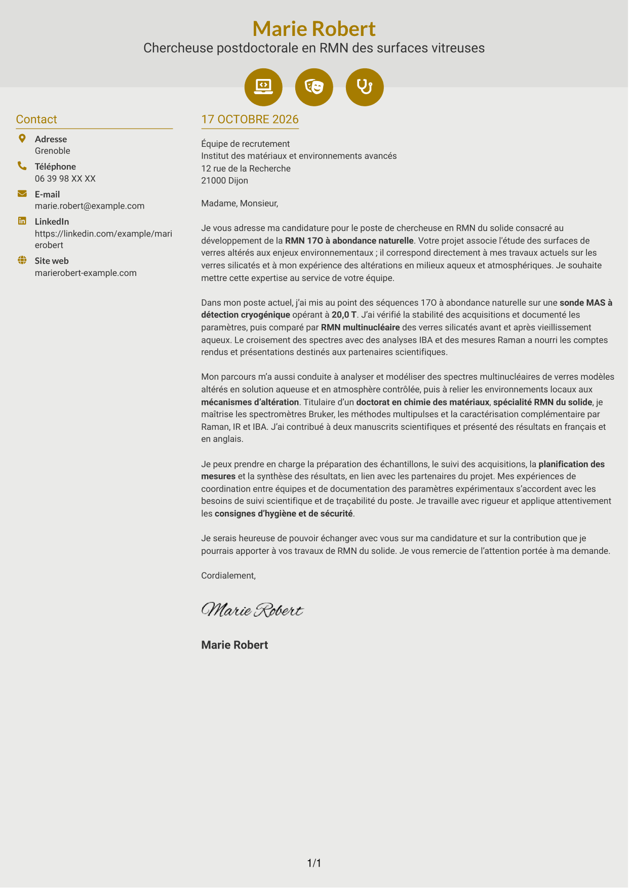 Lettre de motivation Dynamique (format à deux colonnes avec icônes) : Chercheur en RMN du solide - Développement de la RMN 17O à abondance naturelle, page 1