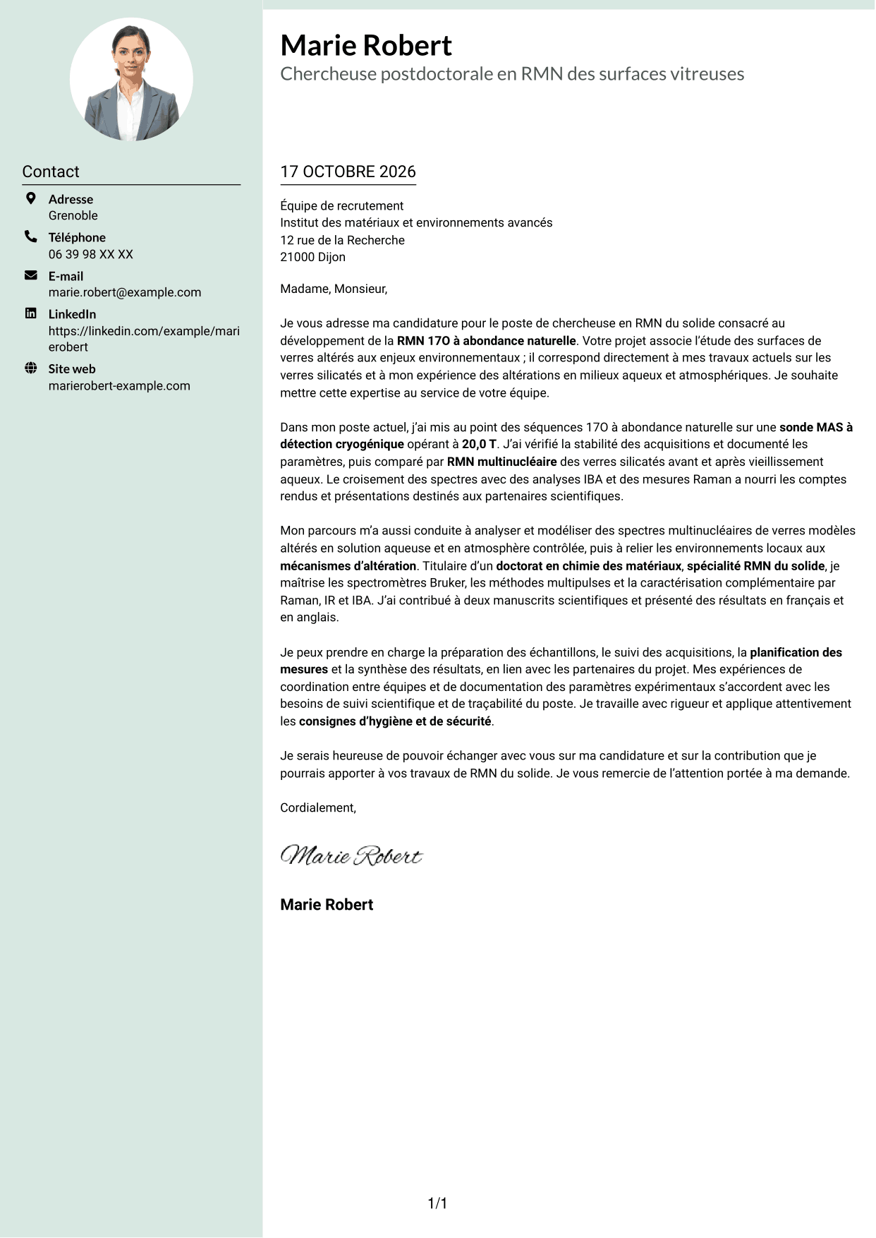 Lettre de motivation Cadre (format à colonne latérale douce avec photo arrondie) : Chercheur en RMN du solide - Développement de la RMN 17O à abondance naturelle, page 1