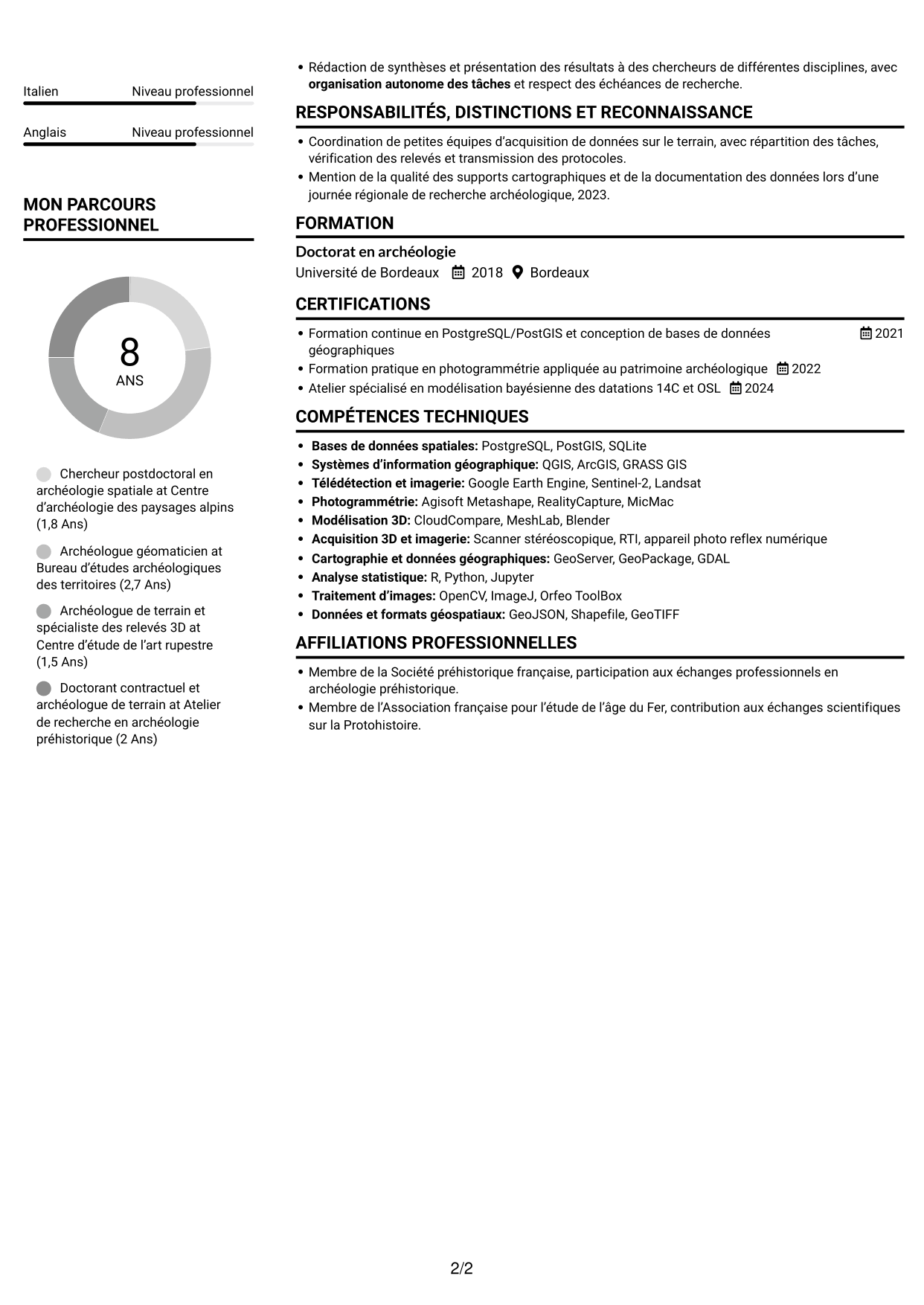 CV Compact (format sobre à deux colonnes avec photo) : Chercheur postdoctoral - Archéologie de l’art rupestre, page 2