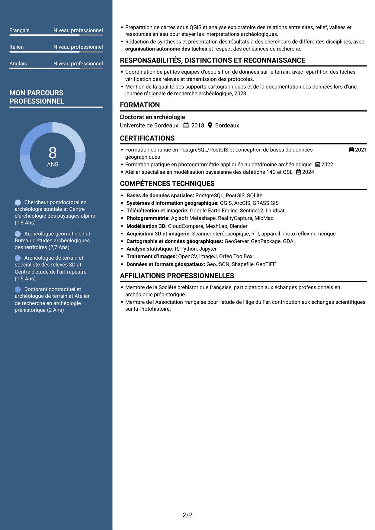 CV Élégant (format à colonne latérale colorée avec photo) : Chercheur postdoctoral - Archéologie de l’art rupestre, page 2