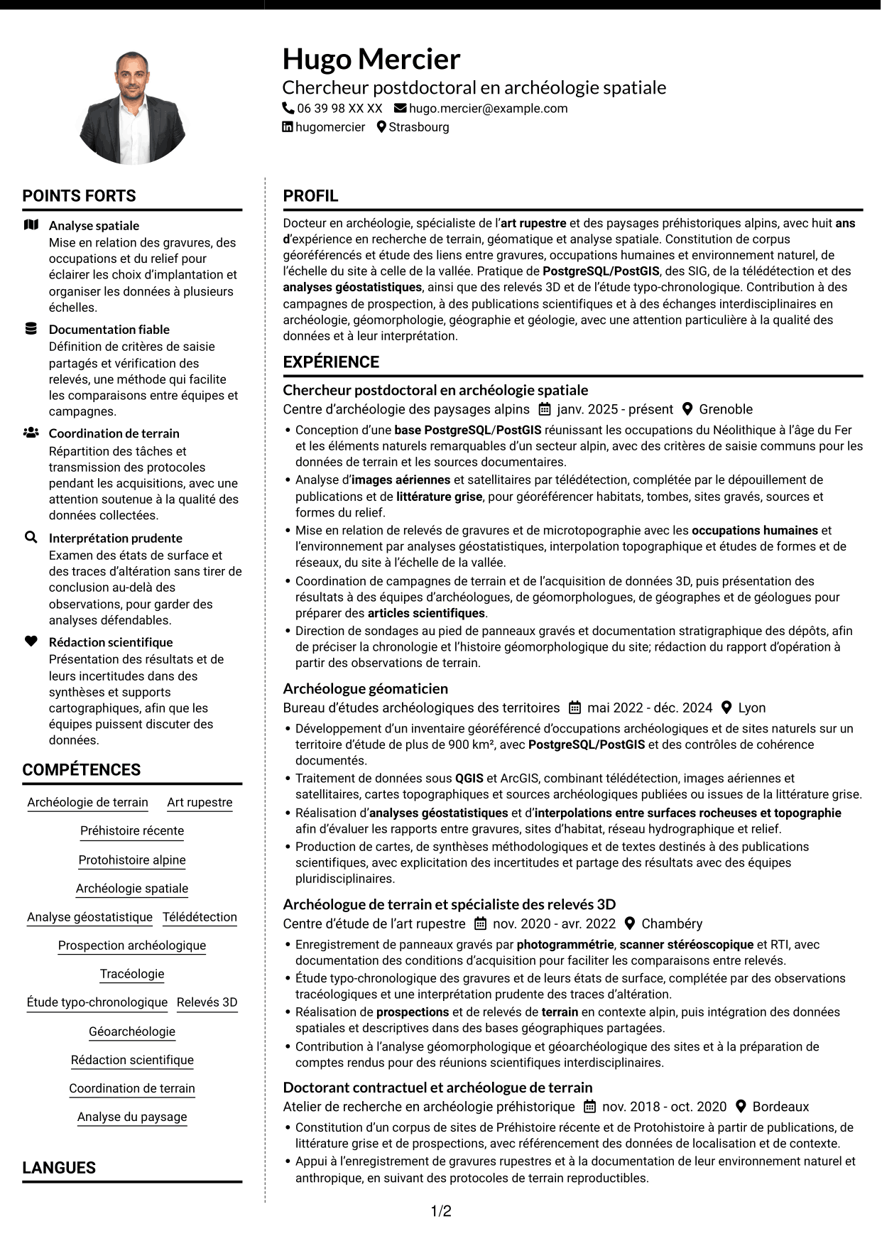 CV Moderne (format à deux colonnes avec photo à gauche et séparateur) : Chercheur postdoctoral - Archéologie de l’art rupestre, page 1