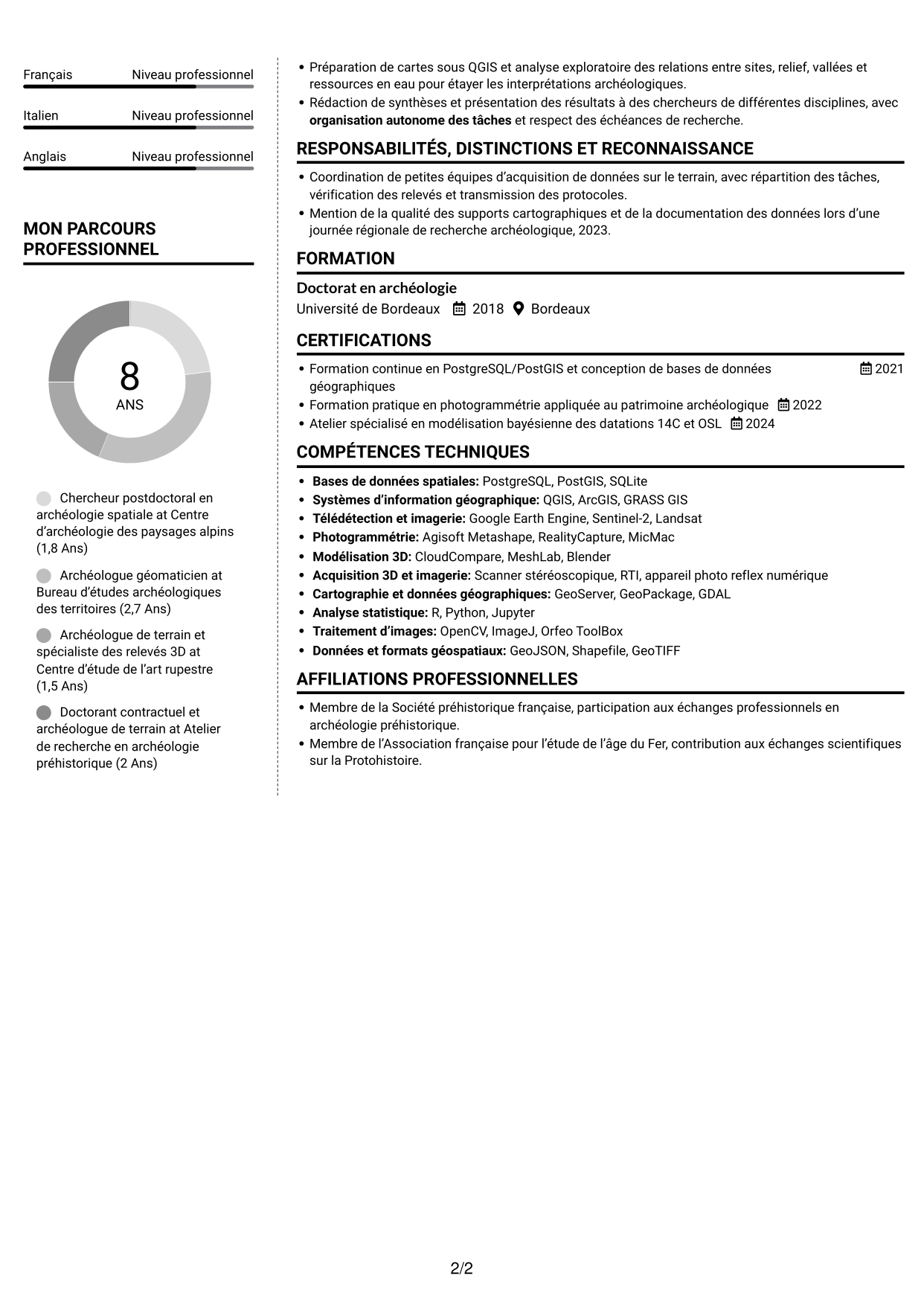 CV Moderne (format à deux colonnes avec photo à gauche et séparateur) : Chercheur postdoctoral - Archéologie de l’art rupestre, page 2