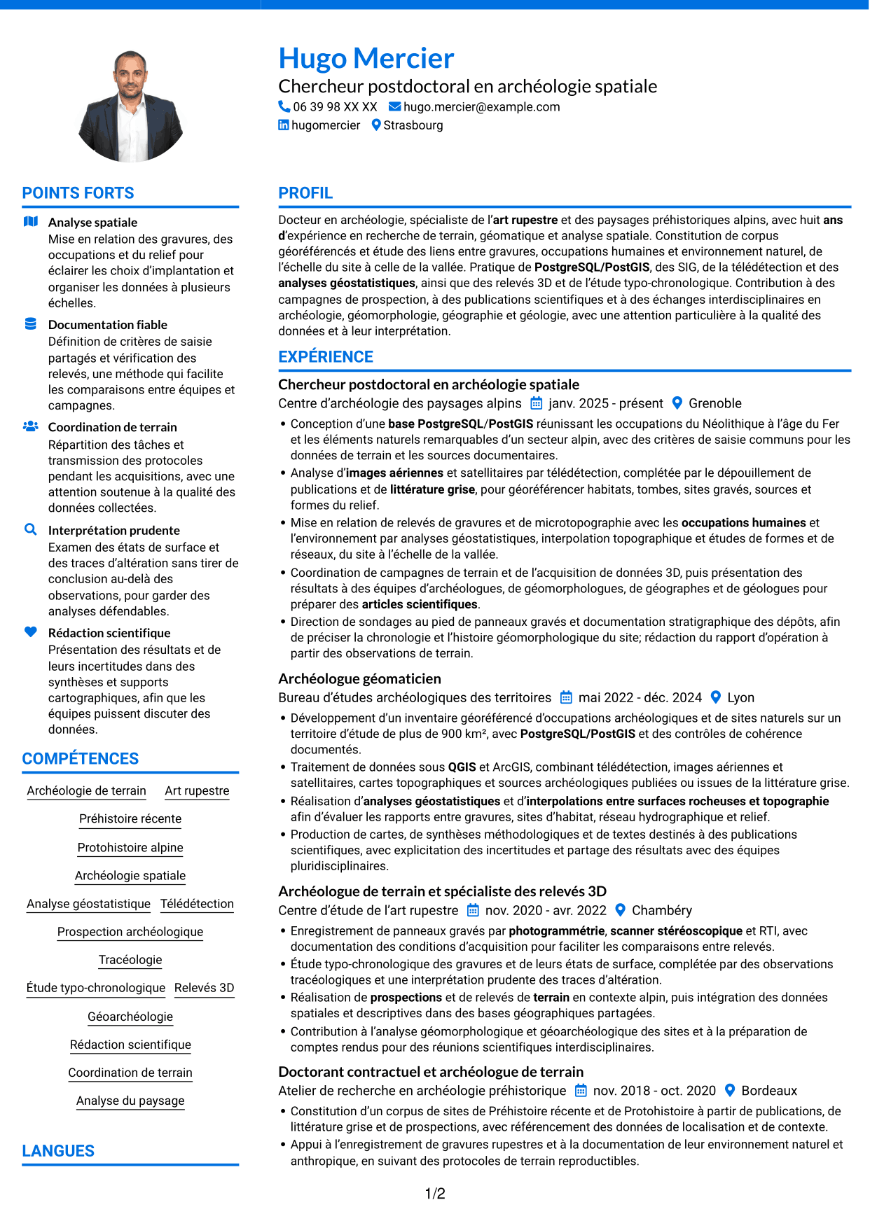CV Audacieux (format à deux colonnes avec accents colorés et photo) : Chercheur postdoctoral - Archéologie de l’art rupestre, page 1