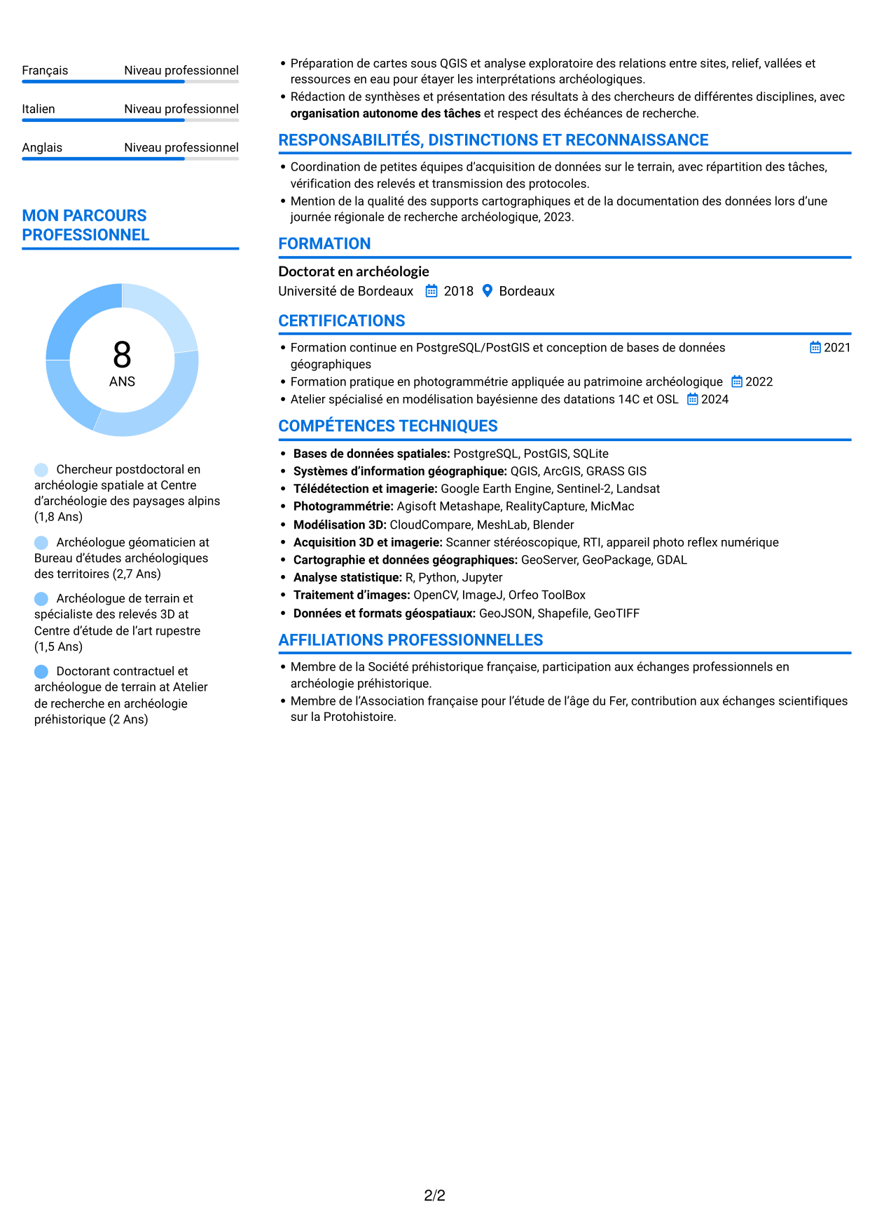 CV Audacieux (format à deux colonnes avec accents colorés et photo) : Chercheur postdoctoral - Archéologie de l’art rupestre, page 2
