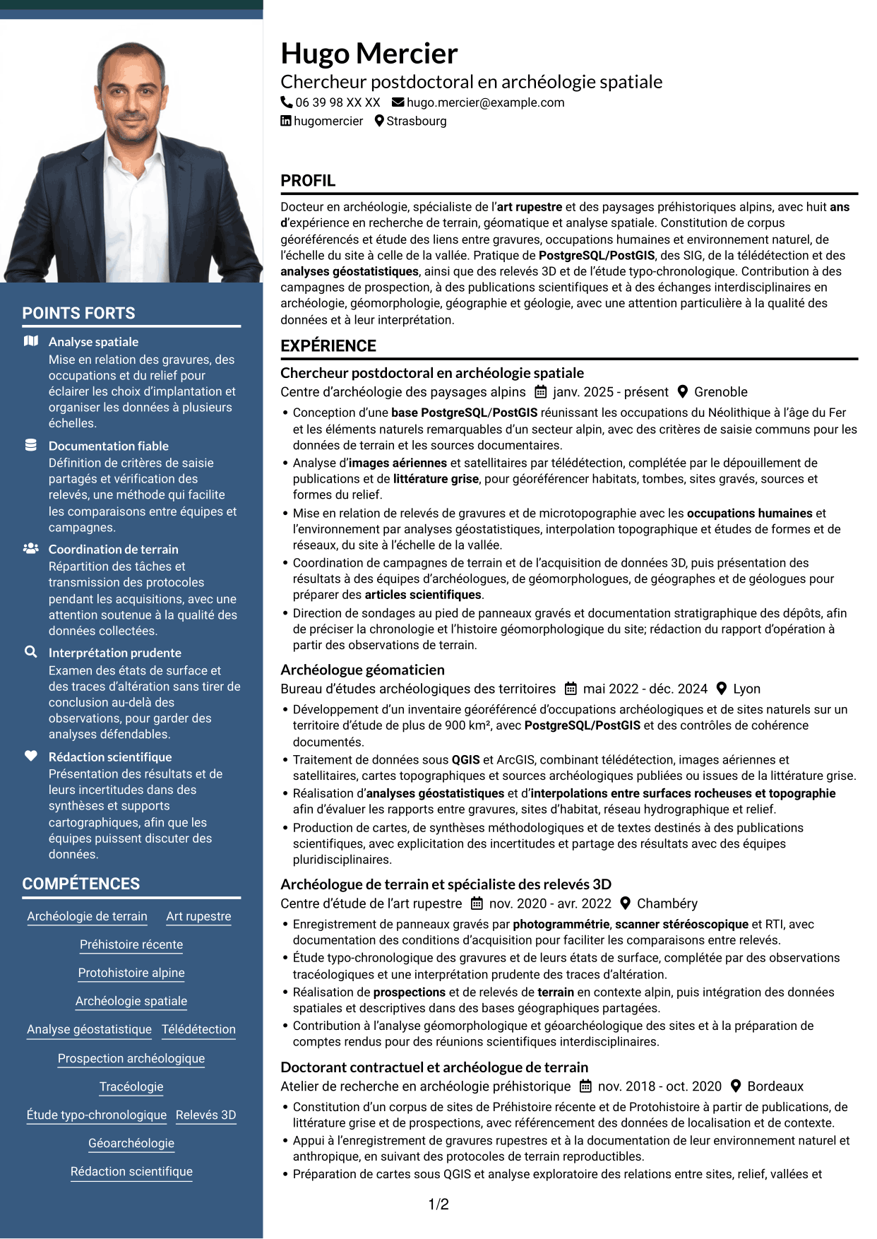 CV Signature (format à colonne latérale colorée avec grande photo) : Chercheur postdoctoral - Archéologie de l’art rupestre, page 1