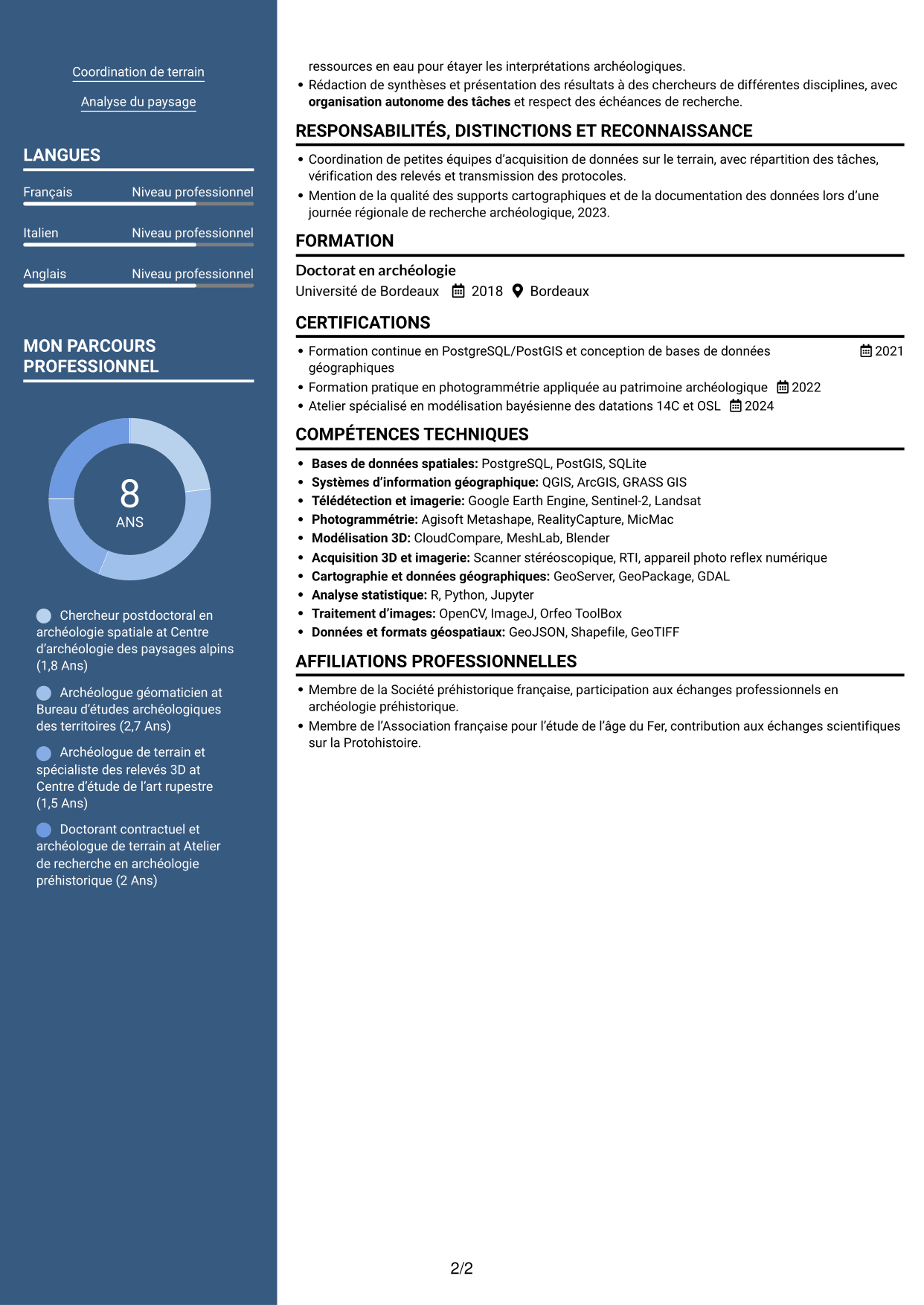 CV Signature (format à colonne latérale colorée avec grande photo) : Chercheur postdoctoral - Archéologie de l’art rupestre, page 2