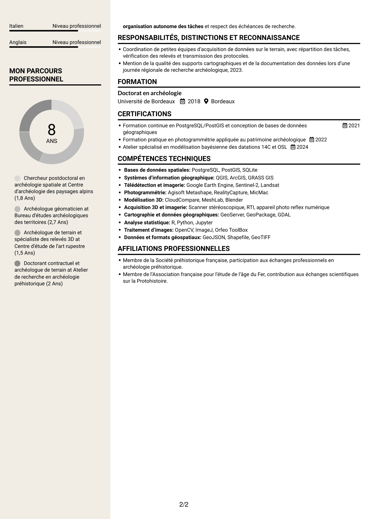 CV Fonceur (format à deux colonnes avec en-tête centré sans photo) : Chercheur postdoctoral - Archéologie de l’art rupestre, page 2