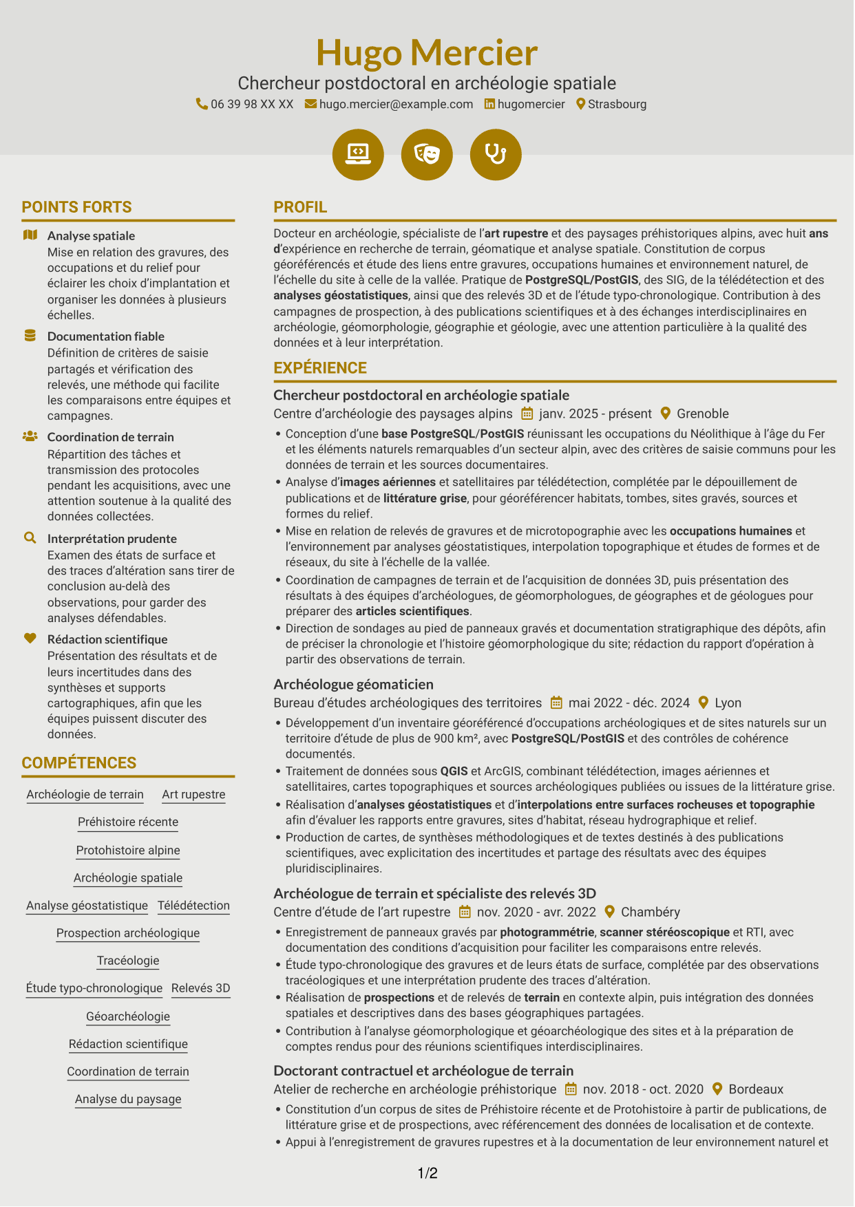 CV Dynamique (format à deux colonnes avec icônes) : Chercheur postdoctoral - Archéologie de l’art rupestre, page 1