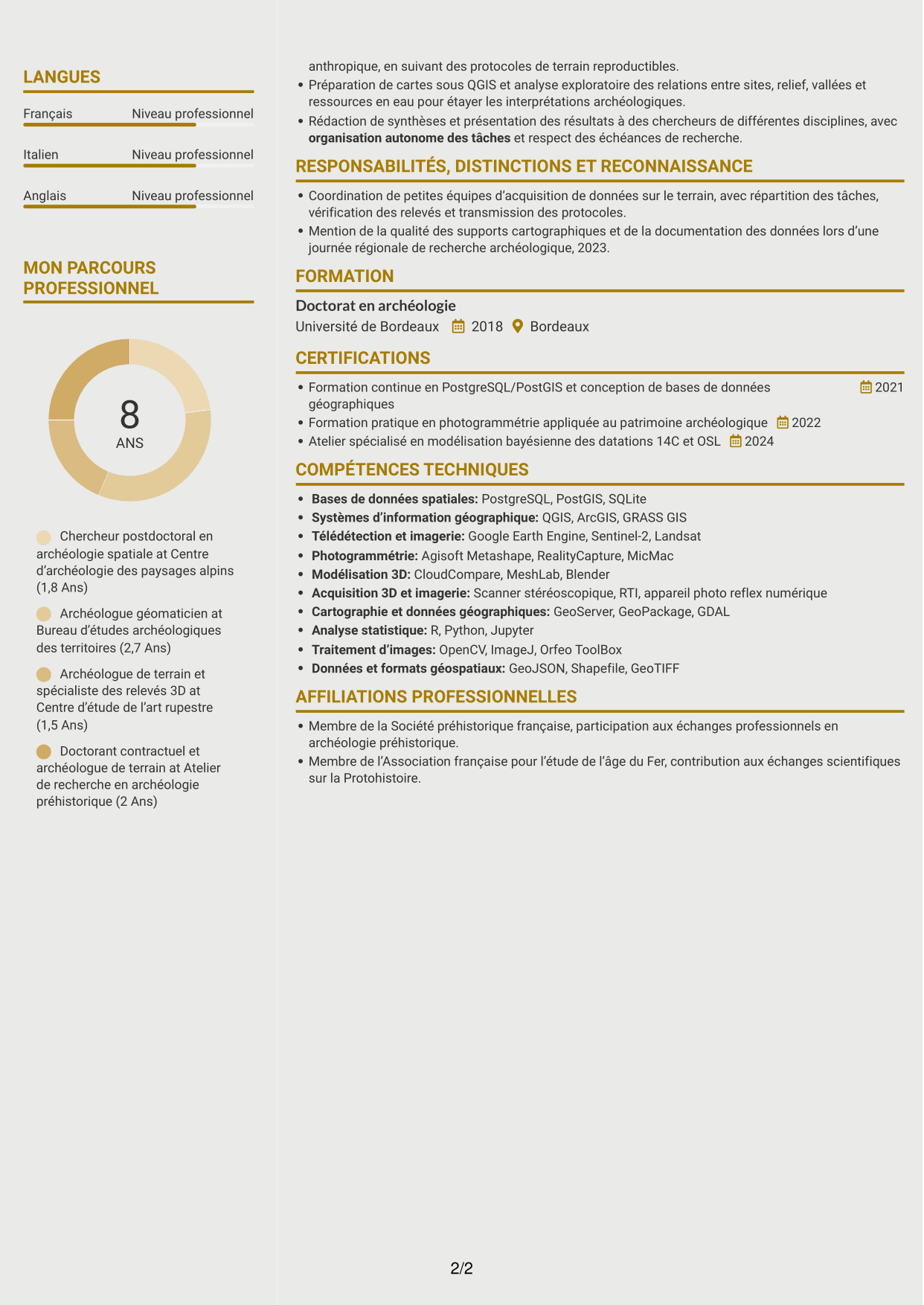 CV Dynamique (format à deux colonnes avec icônes) : Chercheur postdoctoral - Archéologie de l’art rupestre, page 2