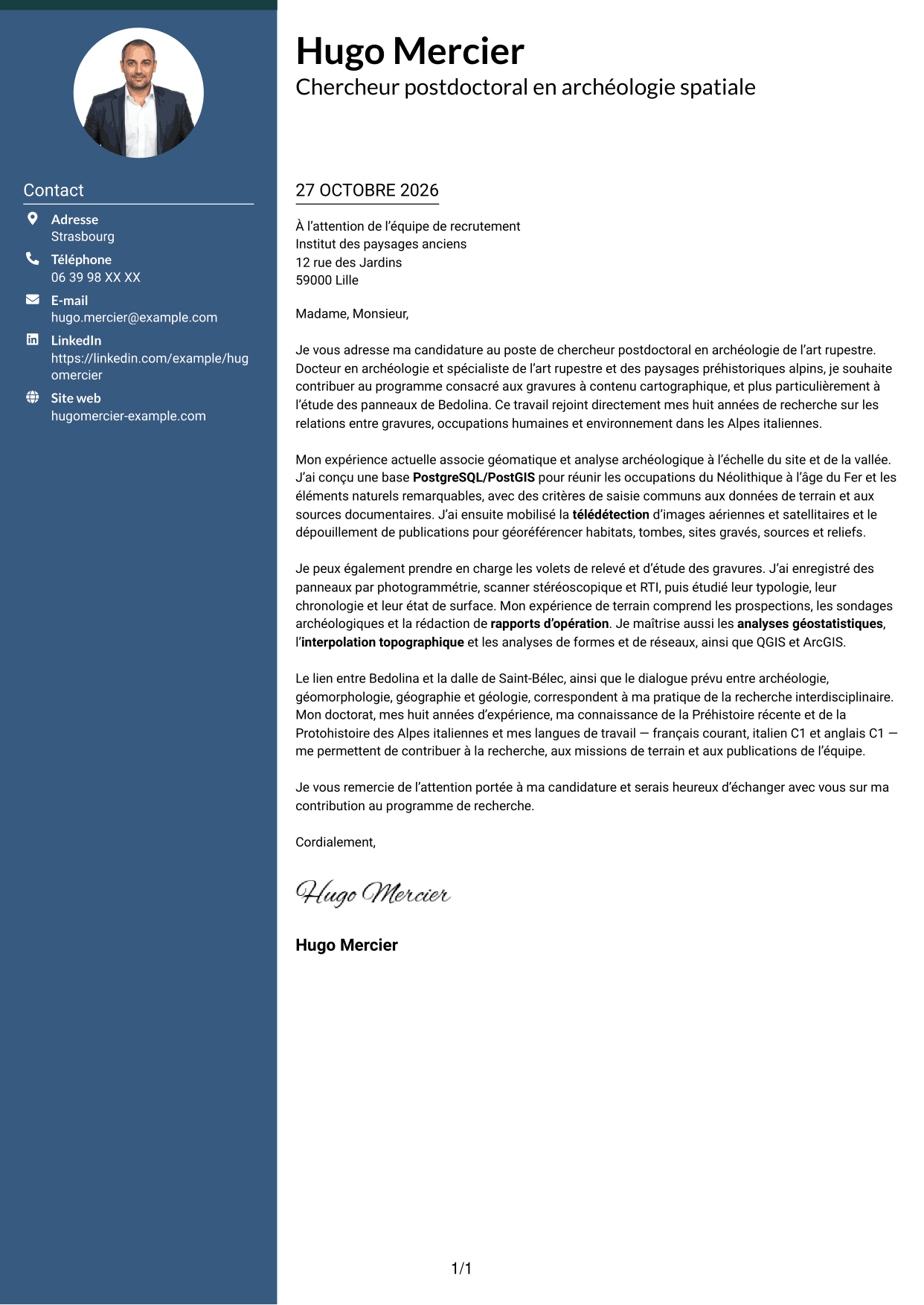 Lettre de motivation Élégant (format à colonne latérale colorée avec photo) : Chercheur postdoctoral - Archéologie de l’art rupestre, page 1