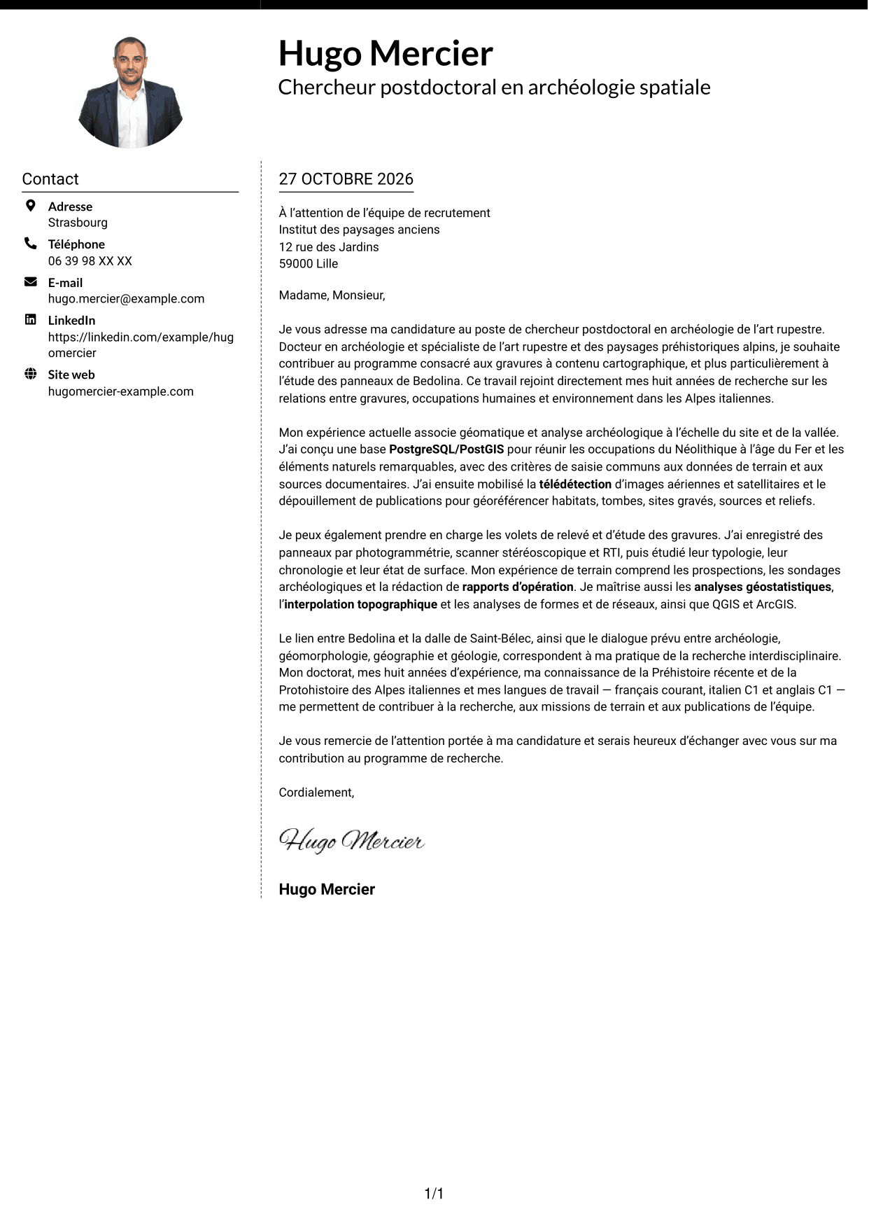 Lettre de motivation Moderne (format à deux colonnes avec photo à gauche et séparateur) : Chercheur postdoctoral - Archéologie de l’art rupestre, page 1