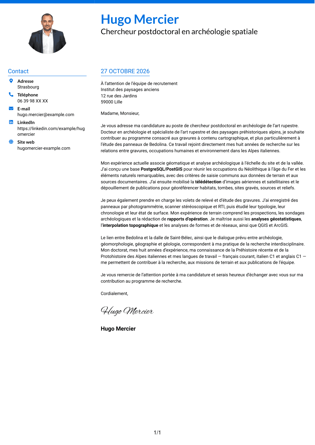 Lettre de motivation Audacieux (format à deux colonnes avec accents colorés et photo) : Chercheur postdoctoral - Archéologie de l’art rupestre, page 1