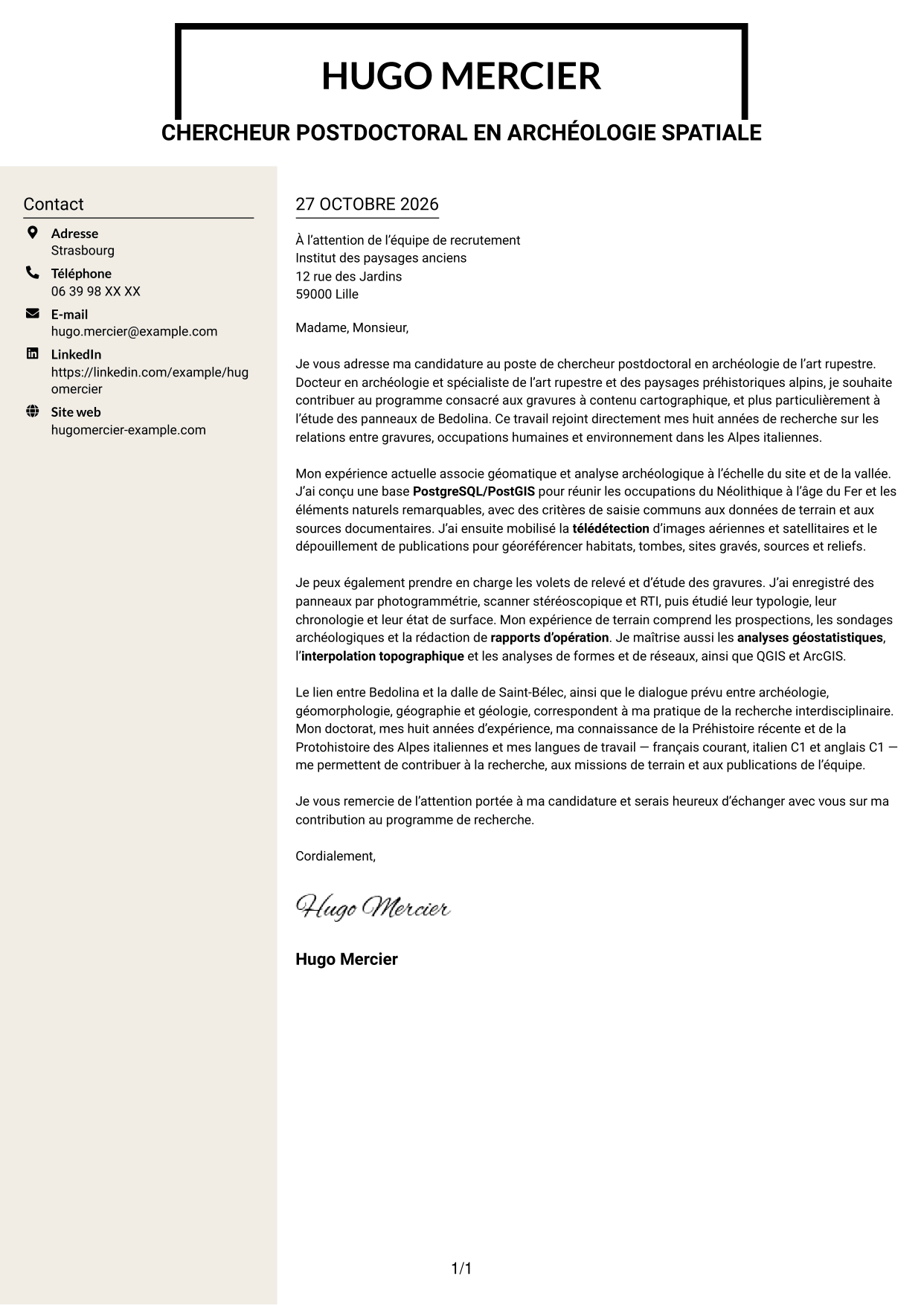 Lettre de motivation Fonceur (format à deux colonnes avec en-tête centré sans photo) : Chercheur postdoctoral - Archéologie de l’art rupestre, page 1