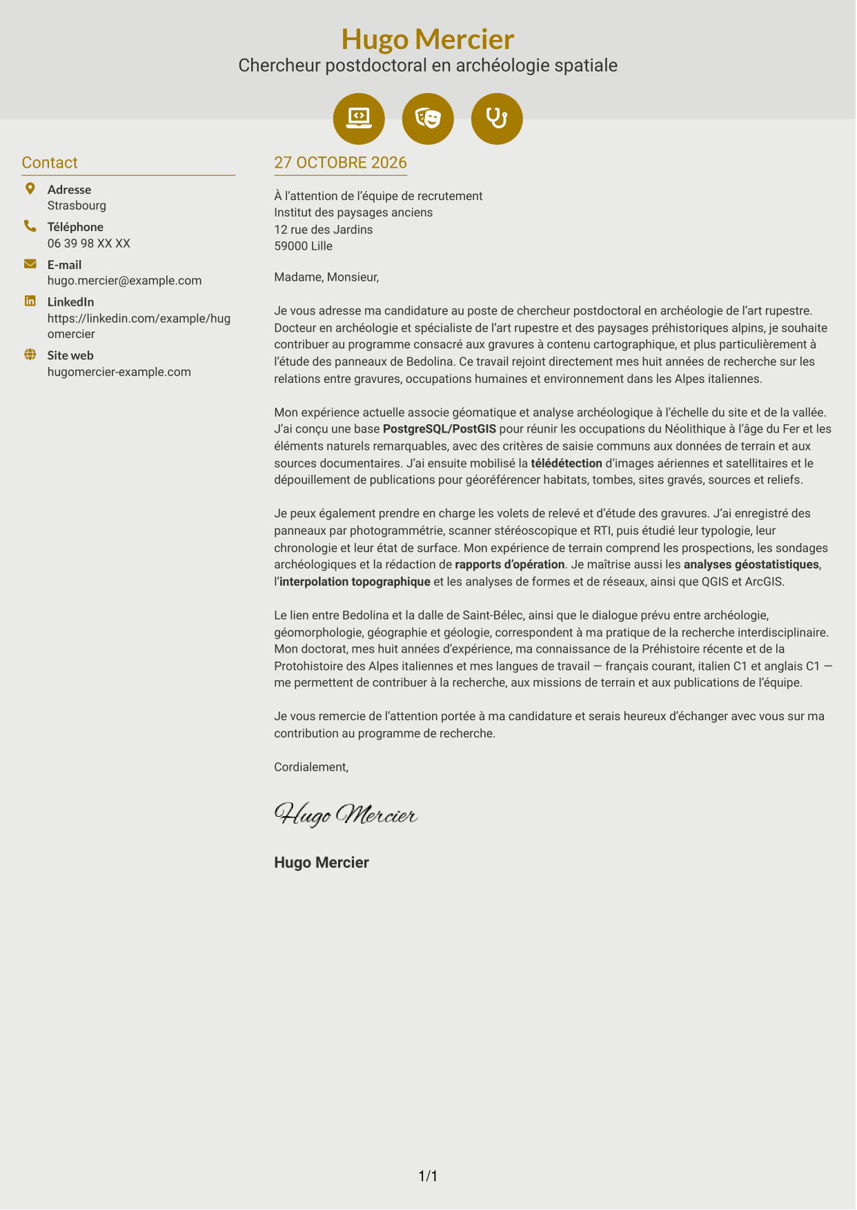 Lettre de motivation Dynamique (format à deux colonnes avec icônes) : Chercheur postdoctoral - Archéologie de l’art rupestre, page 1