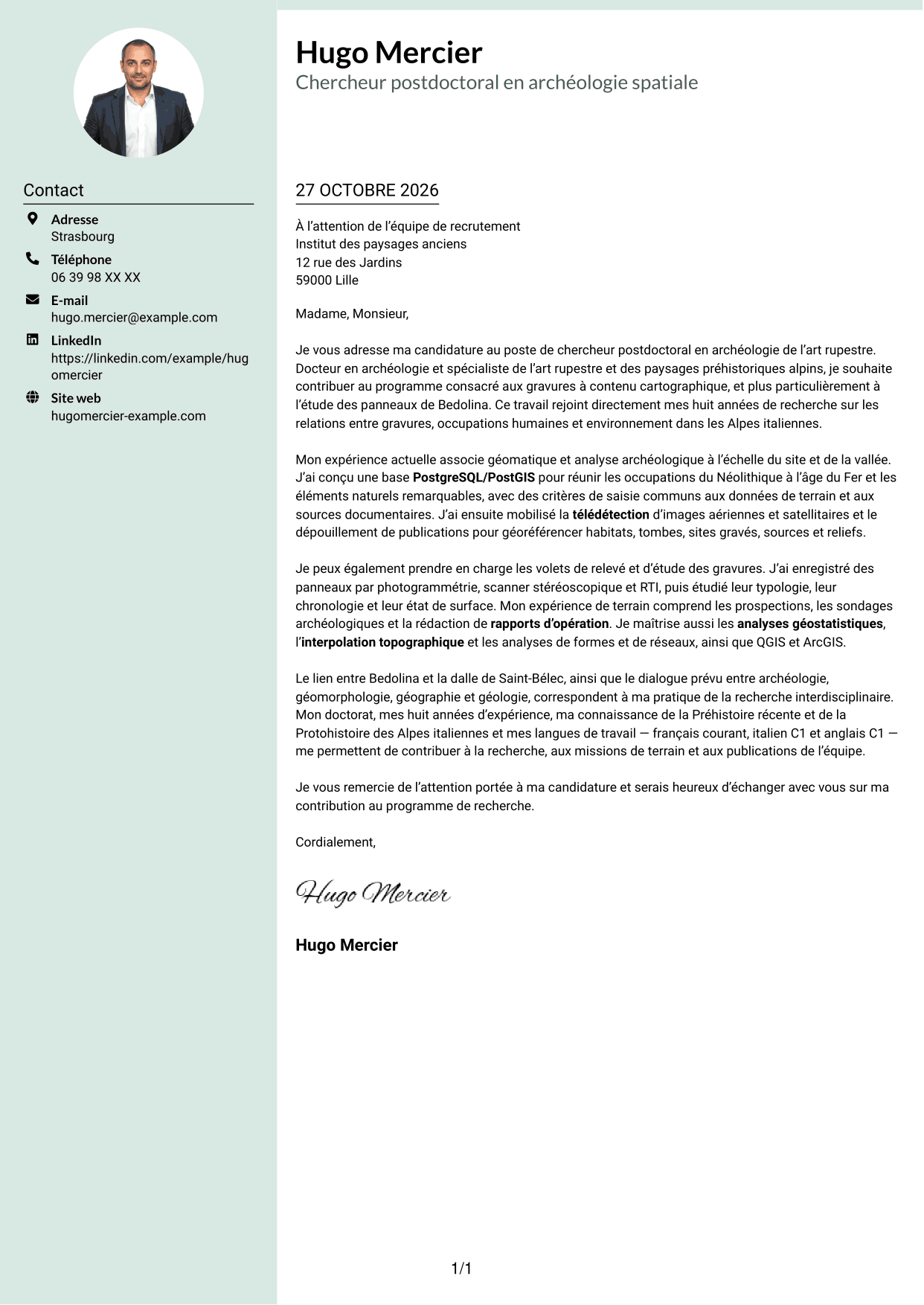 Lettre de motivation Cadre (format à colonne latérale douce avec photo arrondie) : Chercheur postdoctoral - Archéologie de l’art rupestre, page 1