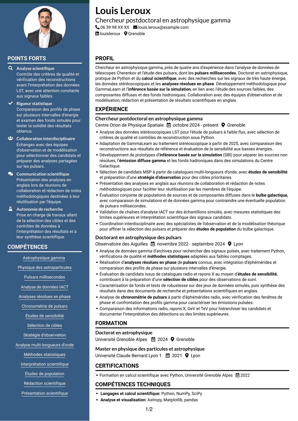 CV Élégant (format à colonne latérale colorée avec photo) : Chercheur postdoctoral - Pulsars gamma à très haute énergie, page 1