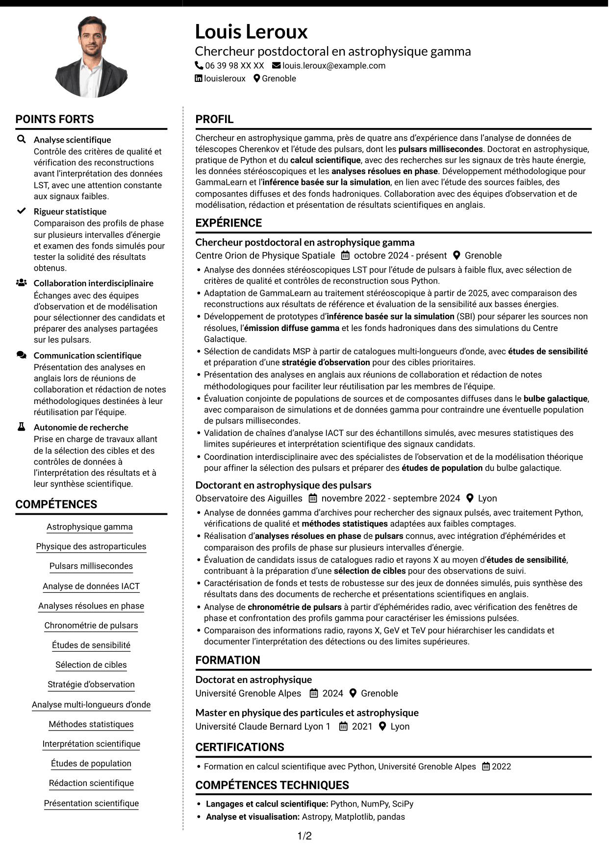 CV Moderne (format à deux colonnes avec photo à gauche et séparateur) : Chercheur postdoctoral - Pulsars gamma à très haute énergie, page 1