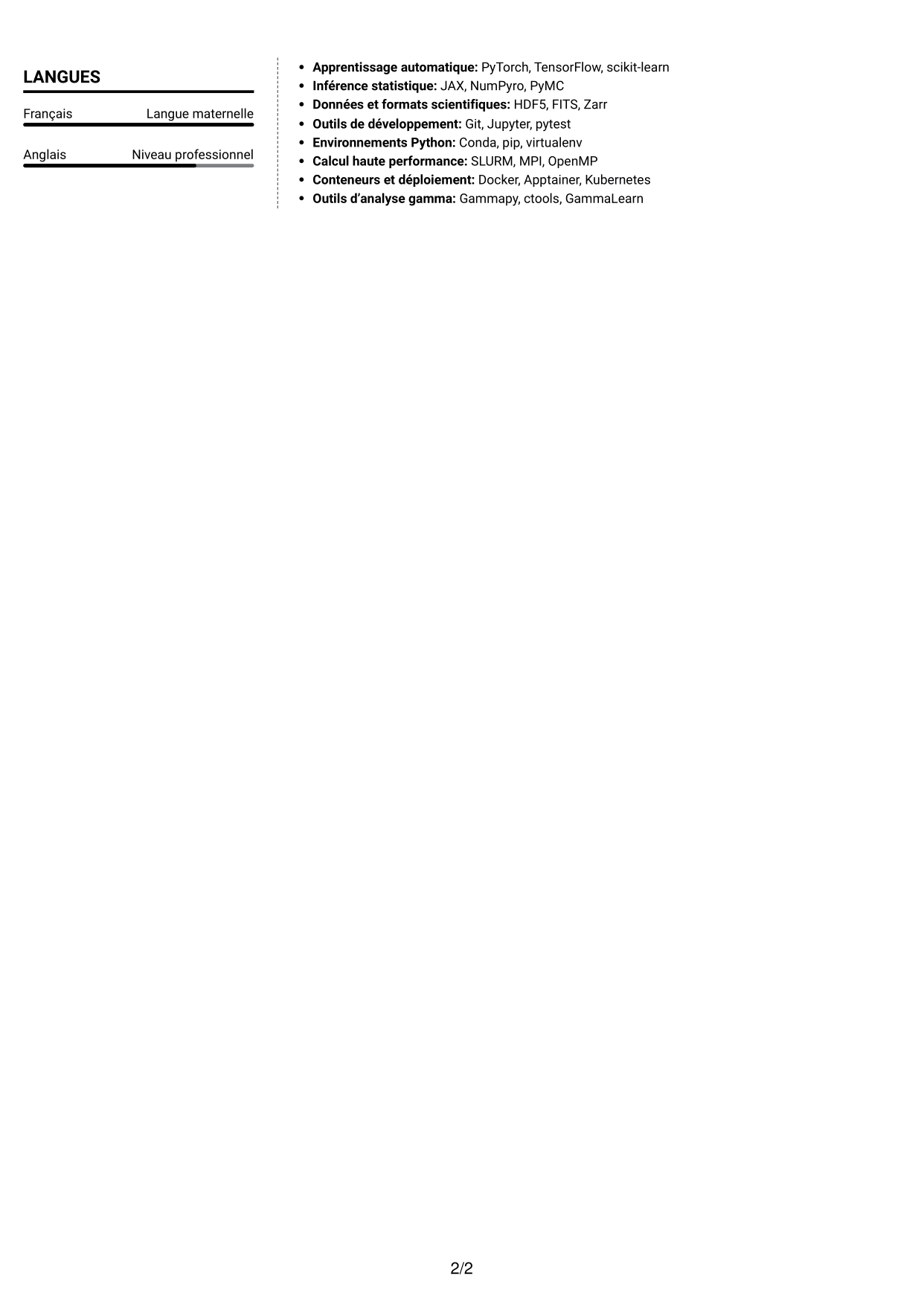 CV Moderne (format à deux colonnes avec photo à gauche et séparateur) : Chercheur postdoctoral - Pulsars gamma à très haute énergie, page 2