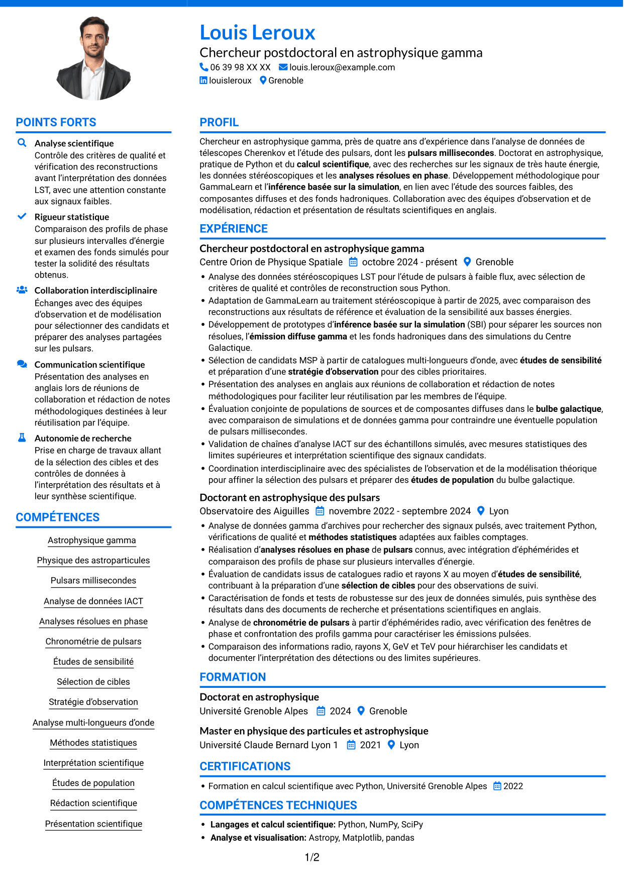 CV Audacieux (format à deux colonnes avec accents colorés et photo) : Chercheur postdoctoral - Pulsars gamma à très haute énergie, page 1