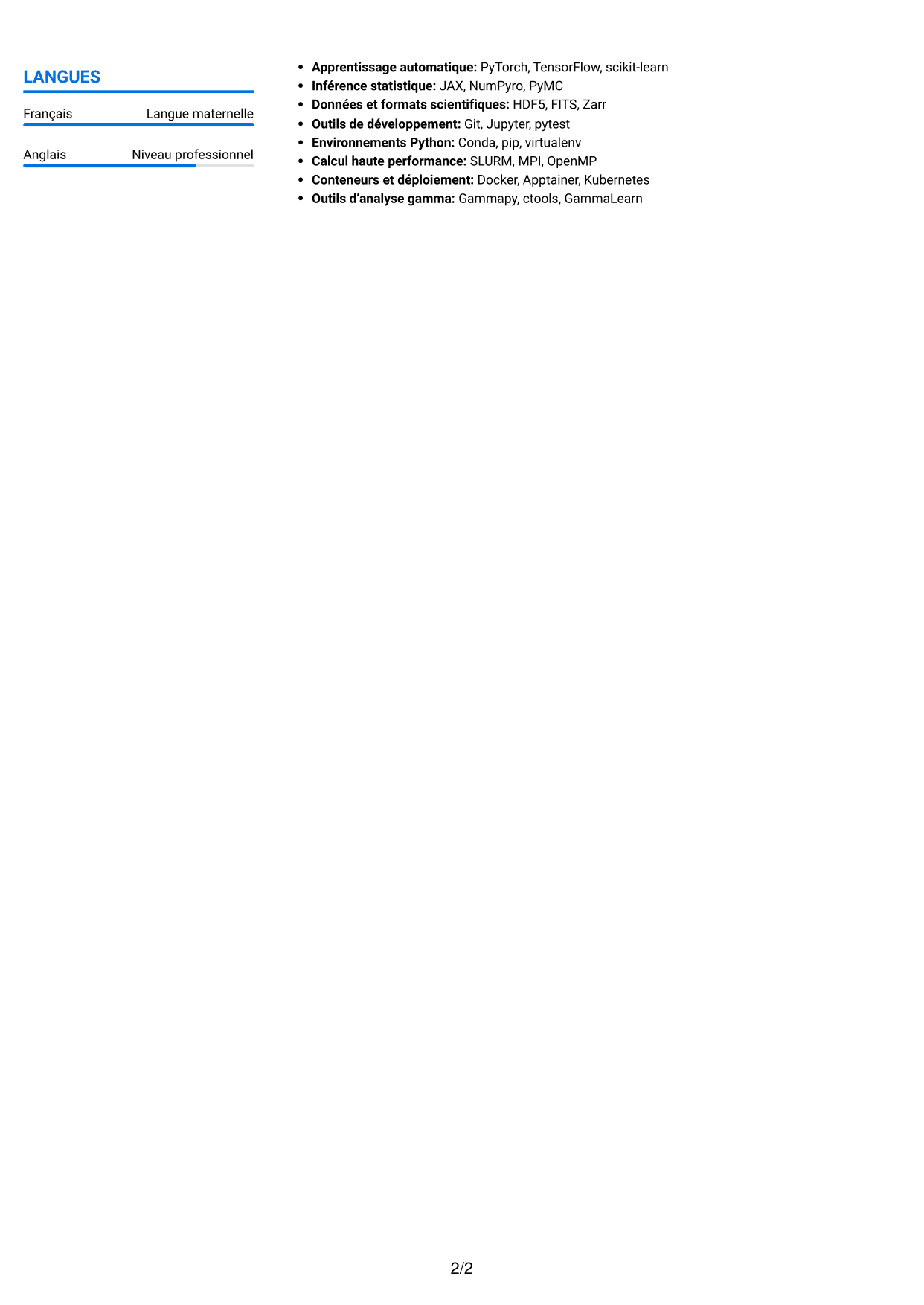CV Audacieux (format à deux colonnes avec accents colorés et photo) : Chercheur postdoctoral - Pulsars gamma à très haute énergie, page 2