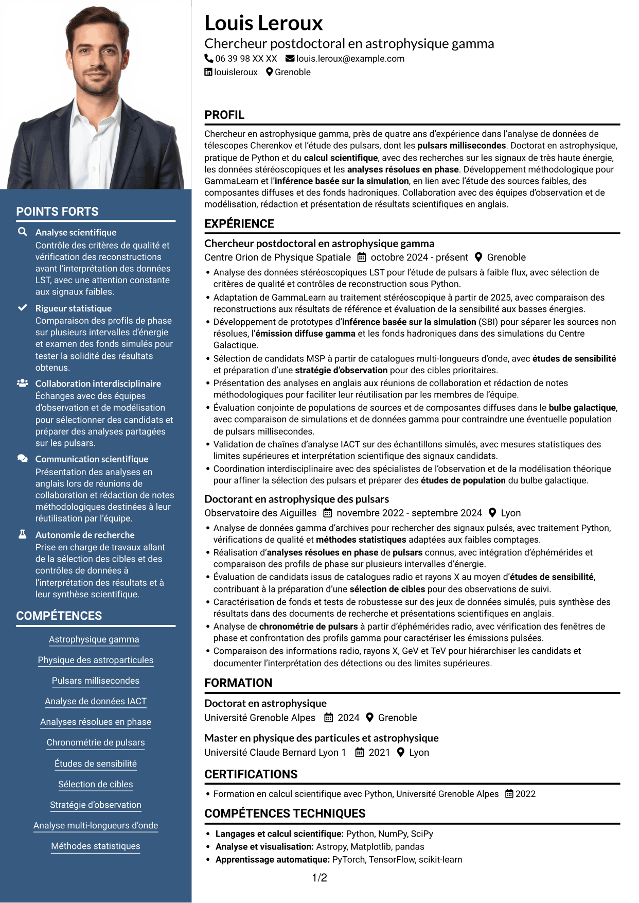 CV Signature (format à colonne latérale colorée avec grande photo) : Chercheur postdoctoral - Pulsars gamma à très haute énergie, page 1