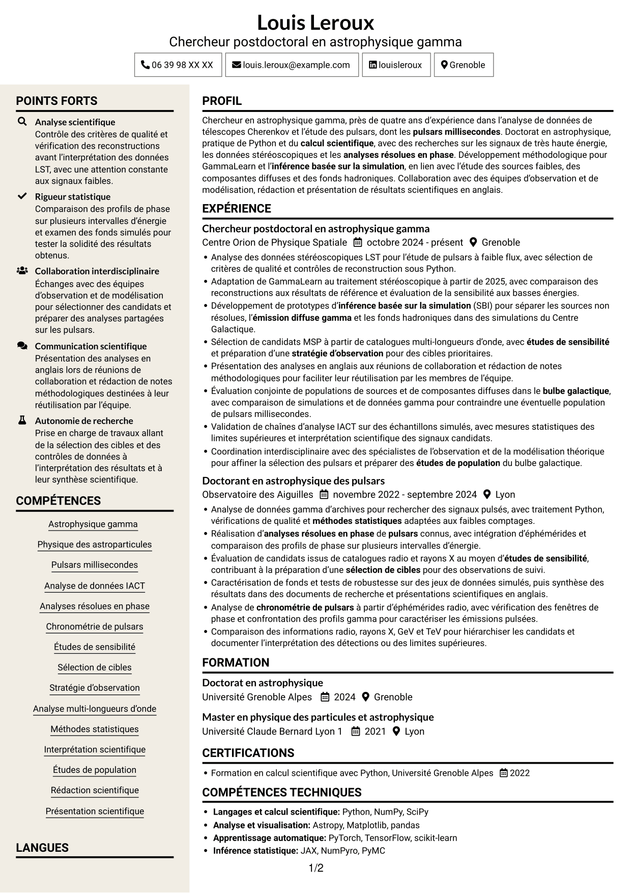 CV Fonceur (format à deux colonnes avec en-tête centré sans photo) : Chercheur postdoctoral - Pulsars gamma à très haute énergie, page 1