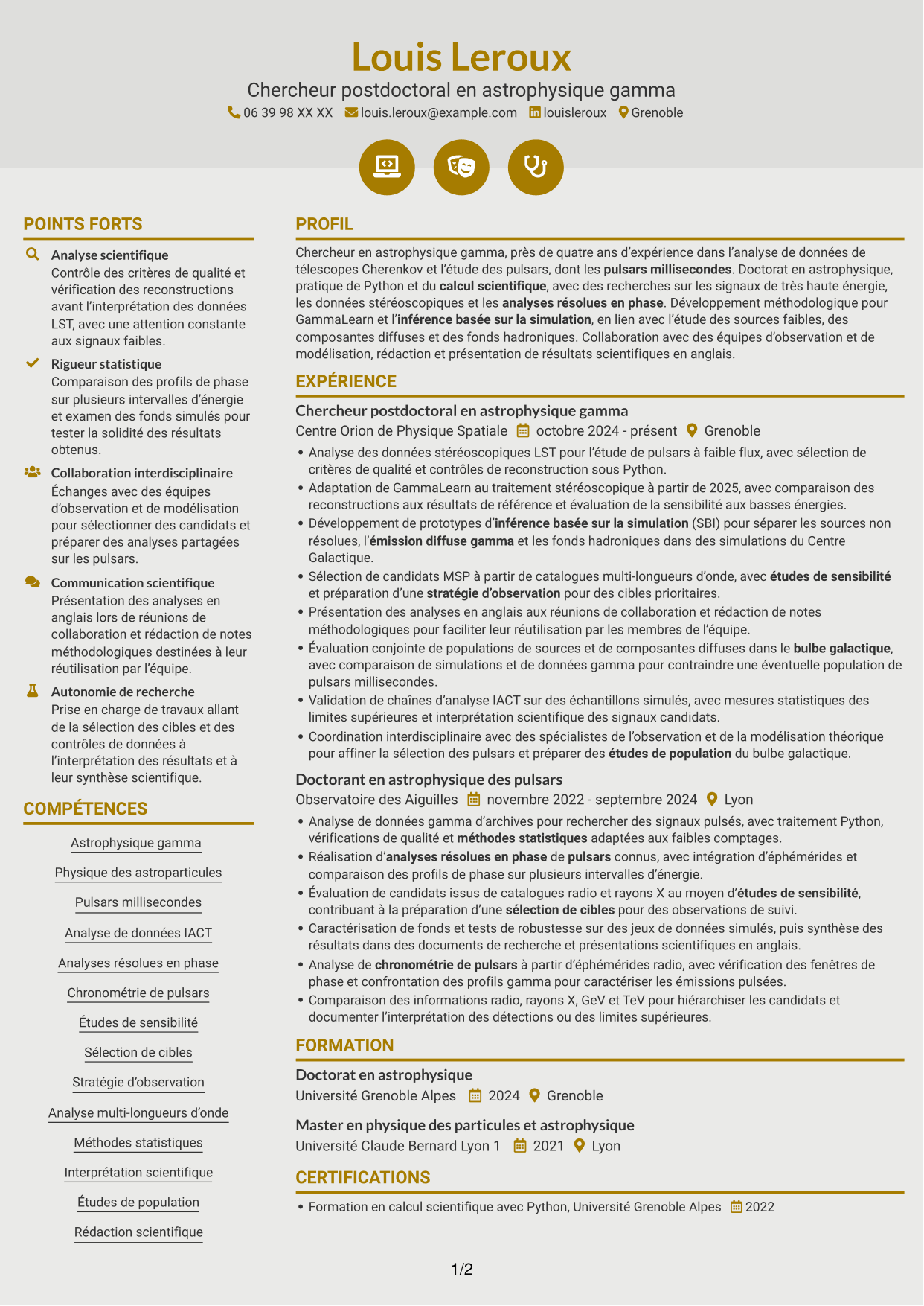 CV Dynamique (format à deux colonnes avec icônes) : Chercheur postdoctoral - Pulsars gamma à très haute énergie, page 1