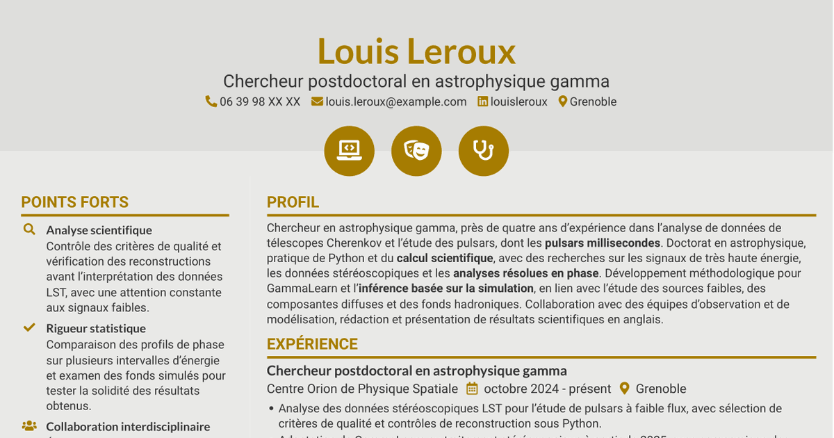 7 modèles de CV pour Chercheur postdoctoral - Pulsars gamma à très haute énergie, avec exemples