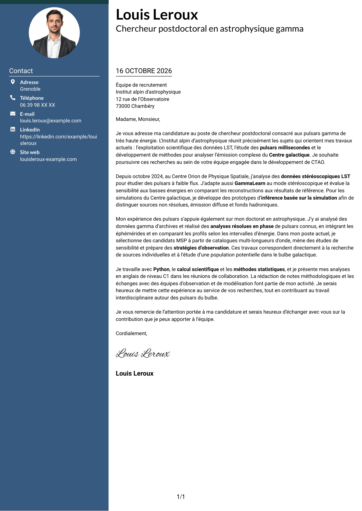 Lettre de motivation Élégant (format à colonne latérale colorée avec photo) : Chercheur postdoctoral - Pulsars gamma à très haute énergie, page 1