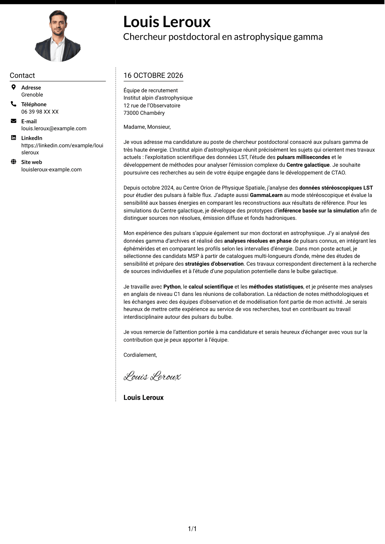 Lettre de motivation Moderne (format à deux colonnes avec photo à gauche et séparateur) : Chercheur postdoctoral - Pulsars gamma à très haute énergie, page 1