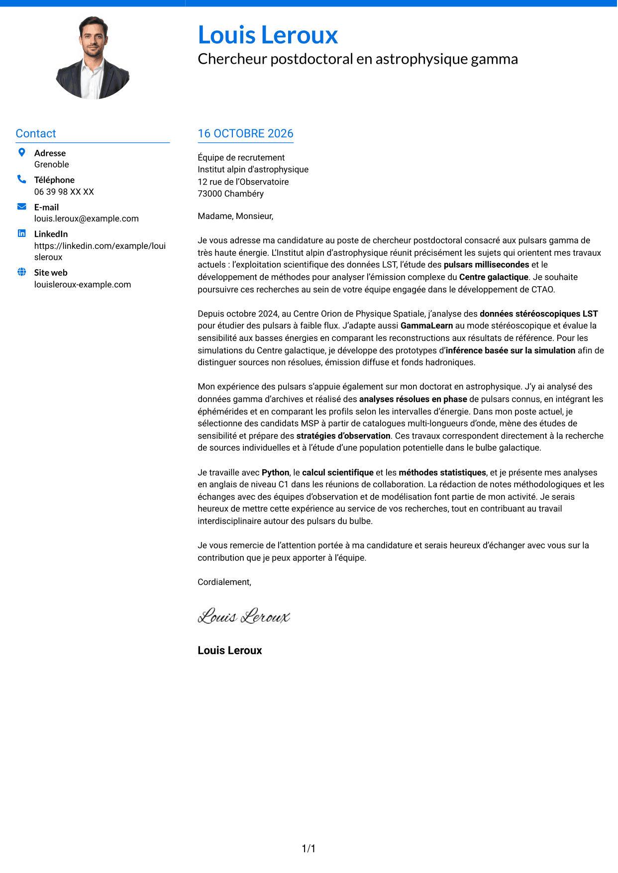 Lettre de motivation Audacieux (format à deux colonnes avec accents colorés et photo) : Chercheur postdoctoral - Pulsars gamma à très haute énergie, page 1