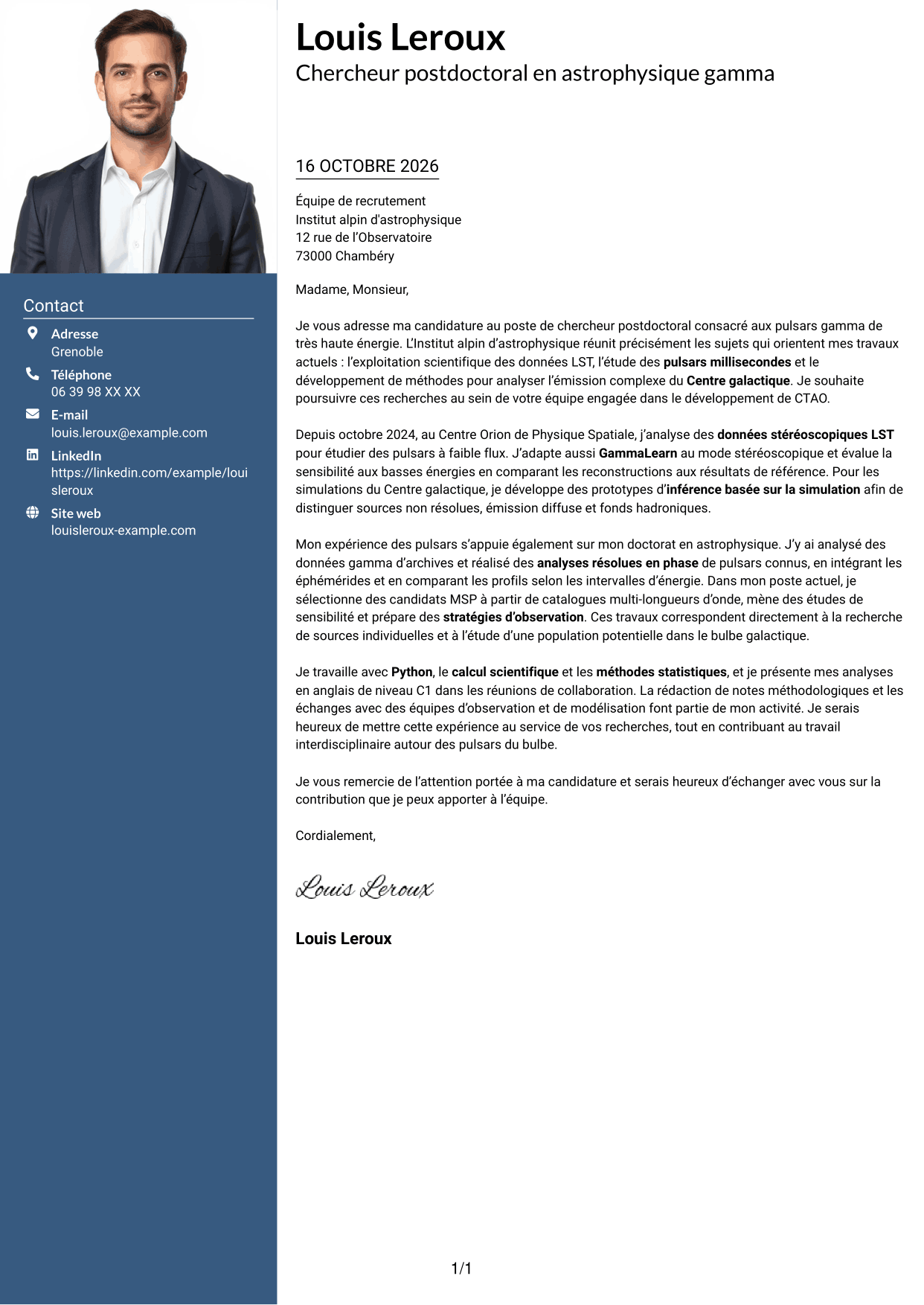 Lettre de motivation Signature (format à colonne latérale colorée avec grande photo) : Chercheur postdoctoral - Pulsars gamma à très haute énergie, page 1