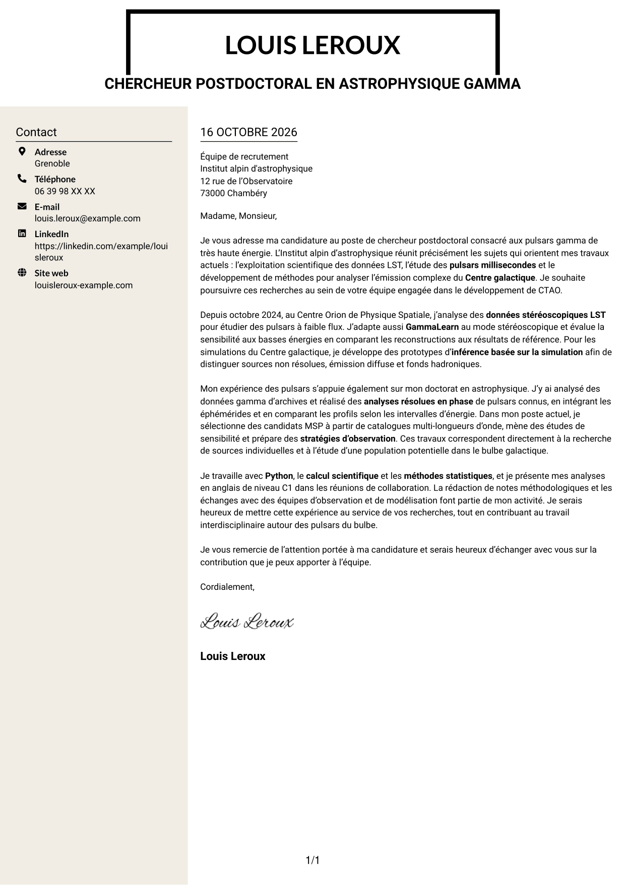 Lettre de motivation Fonceur (format à deux colonnes avec en-tête centré sans photo) : Chercheur postdoctoral - Pulsars gamma à très haute énergie, page 1