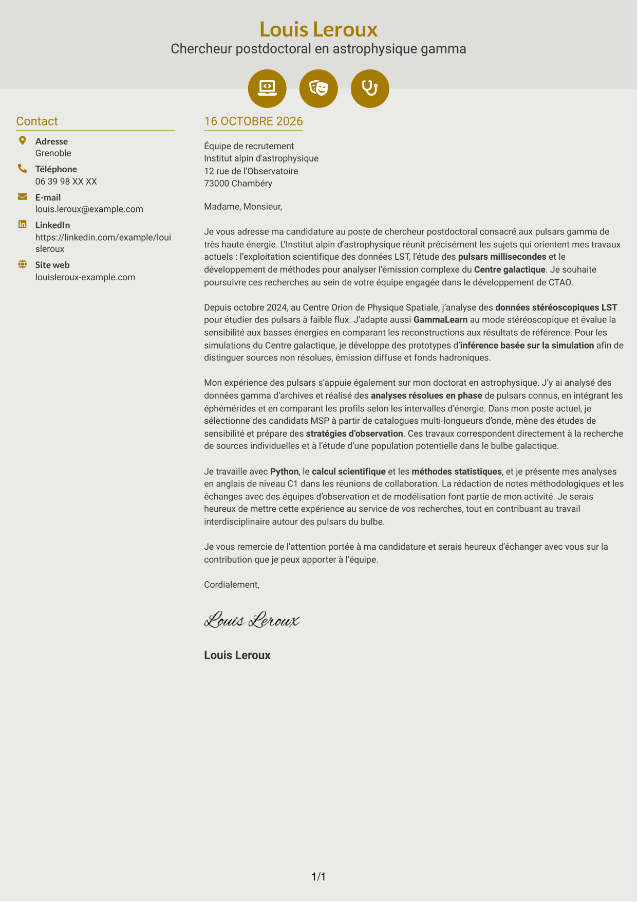 Lettre de motivation Dynamique (format à deux colonnes avec icônes) : Chercheur postdoctoral - Pulsars gamma à très haute énergie, page 1