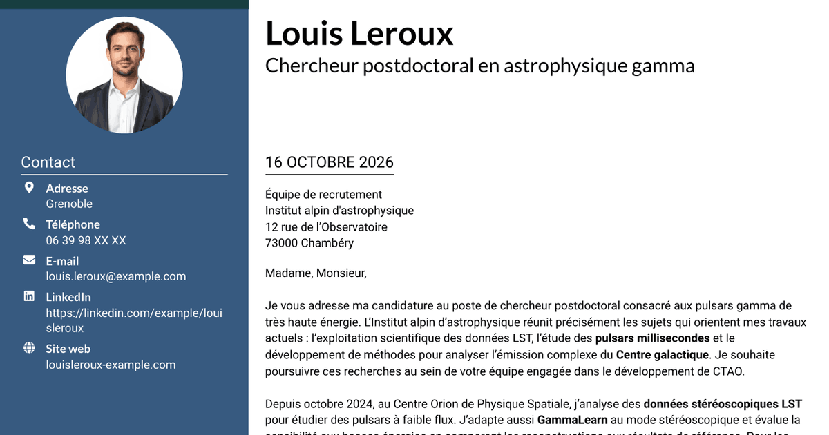 7 modèles de lettre de motivation pour Chercheur postdoctoral - Pulsars gamma à très haute énergie, avec exemples