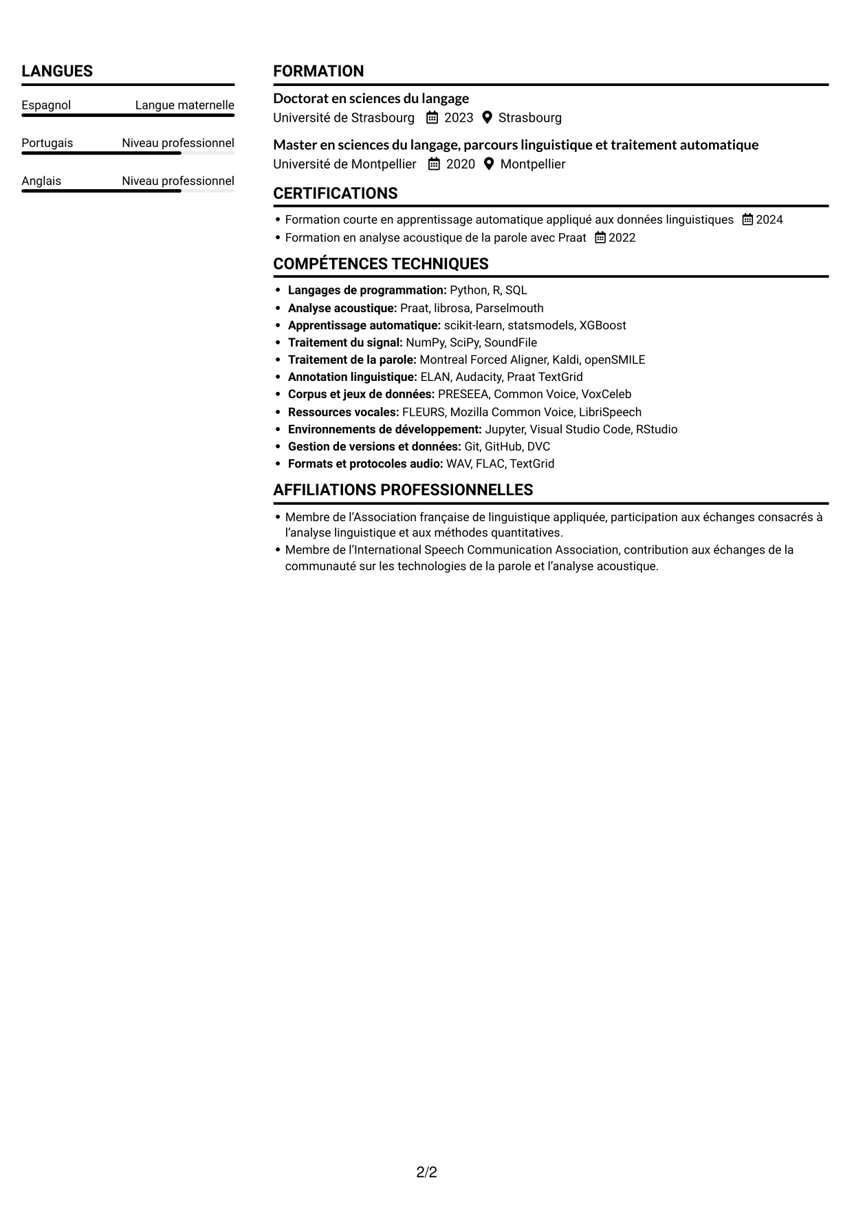CV Compact (format sobre à deux colonnes avec photo) : Chercheur postdoctoral - Variation sociophonétique et apprentissage automatique, page 2