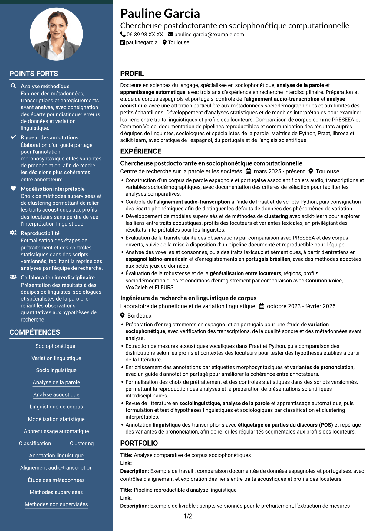 CV Élégant (format à colonne latérale colorée avec photo) : Chercheur postdoctoral - Variation sociophonétique et apprentissage automatique, page 1