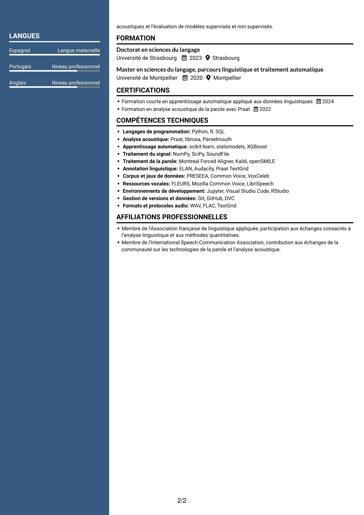 CV Élégant (format à colonne latérale colorée avec photo) : Chercheur postdoctoral - Variation sociophonétique et apprentissage automatique, page 2