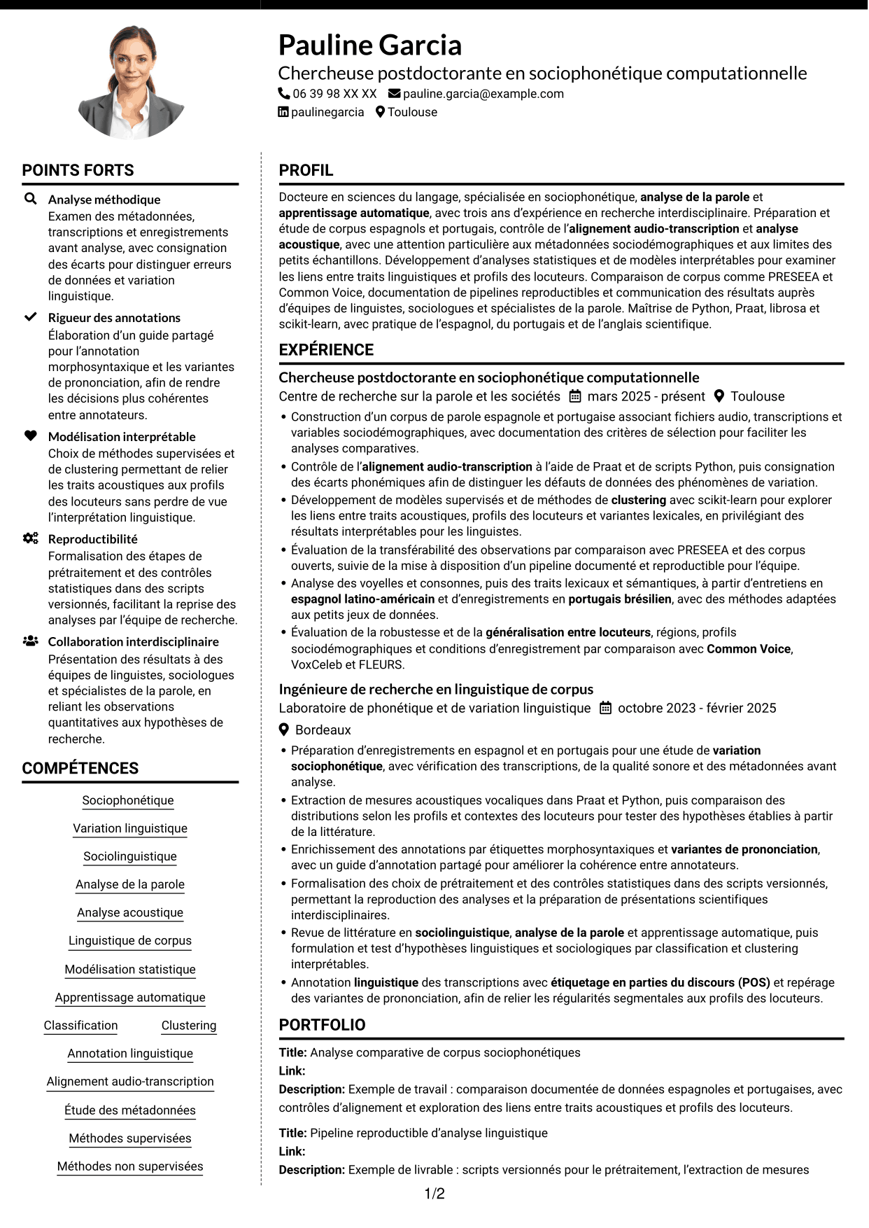 CV Moderne (format à deux colonnes avec photo à gauche et séparateur) : Chercheur postdoctoral - Variation sociophonétique et apprentissage automatique, page 1