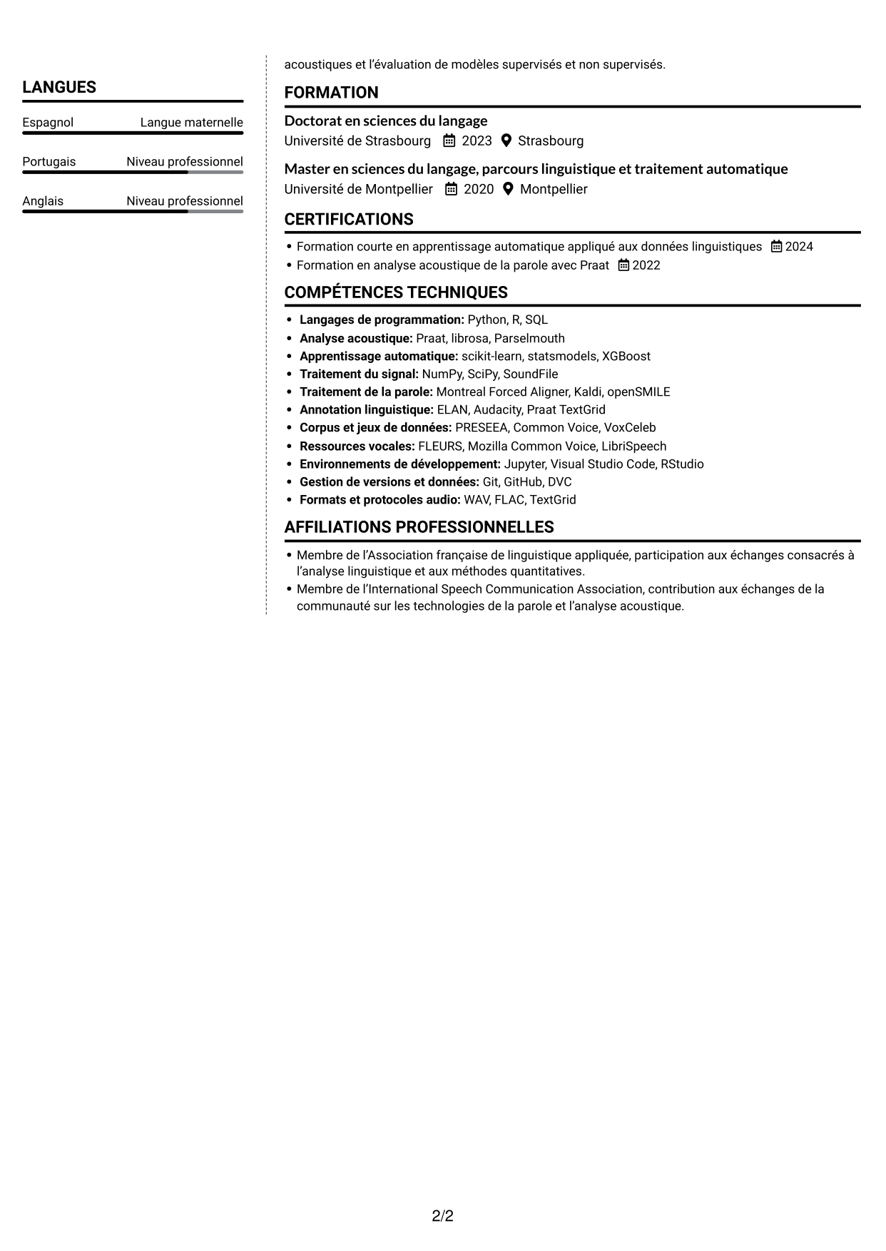 CV Moderne (format à deux colonnes avec photo à gauche et séparateur) : Chercheur postdoctoral - Variation sociophonétique et apprentissage automatique, page 2