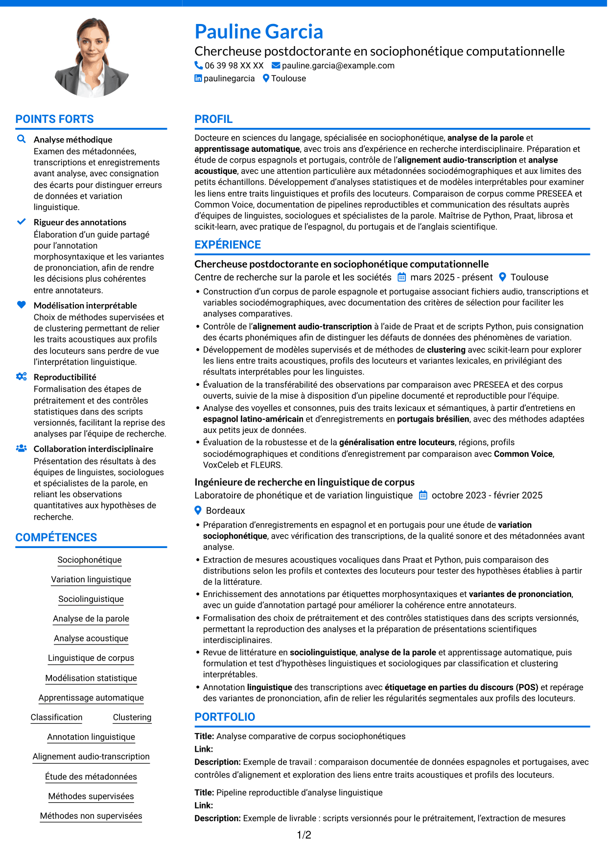 CV Audacieux (format à deux colonnes avec accents colorés et photo) : Chercheur postdoctoral - Variation sociophonétique et apprentissage automatique, page 1