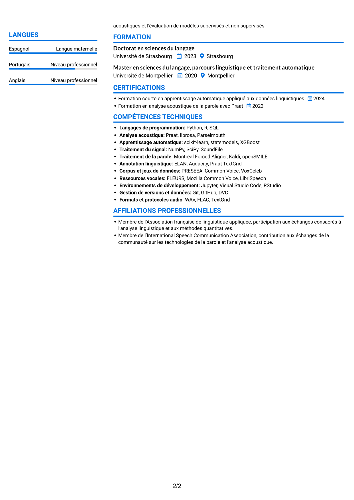 CV Audacieux (format à deux colonnes avec accents colorés et photo) : Chercheur postdoctoral - Variation sociophonétique et apprentissage automatique, page 2