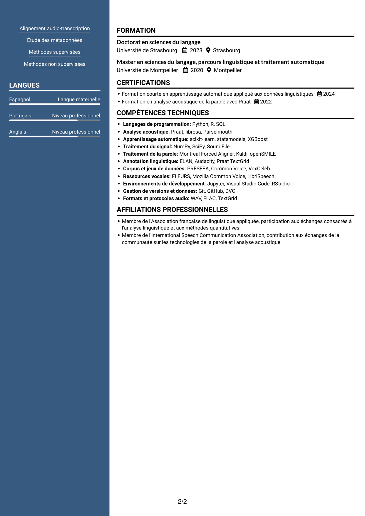 CV Signature (format à colonne latérale colorée avec grande photo) : Chercheur postdoctoral - Variation sociophonétique et apprentissage automatique, page 2