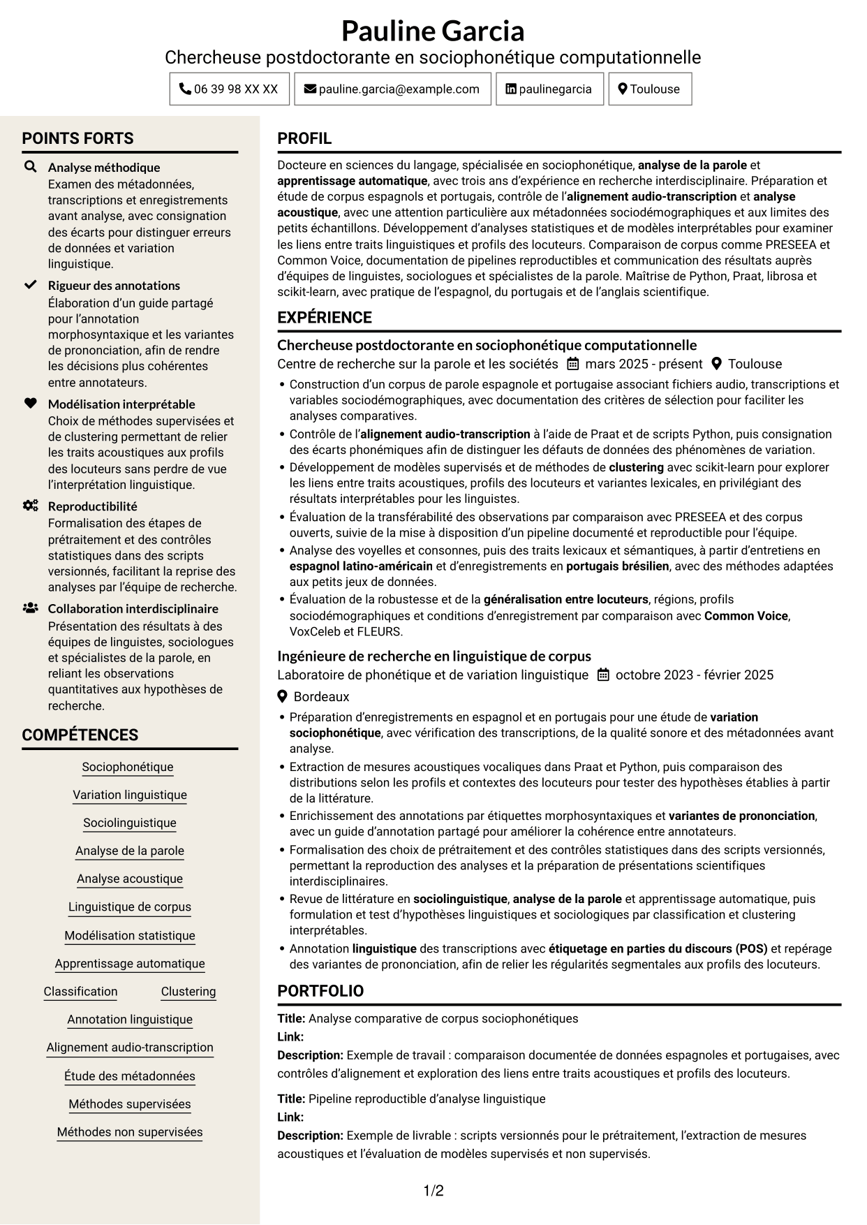 CV Fonceur (format à deux colonnes avec en-tête centré sans photo) : Chercheur postdoctoral - Variation sociophonétique et apprentissage automatique, page 1