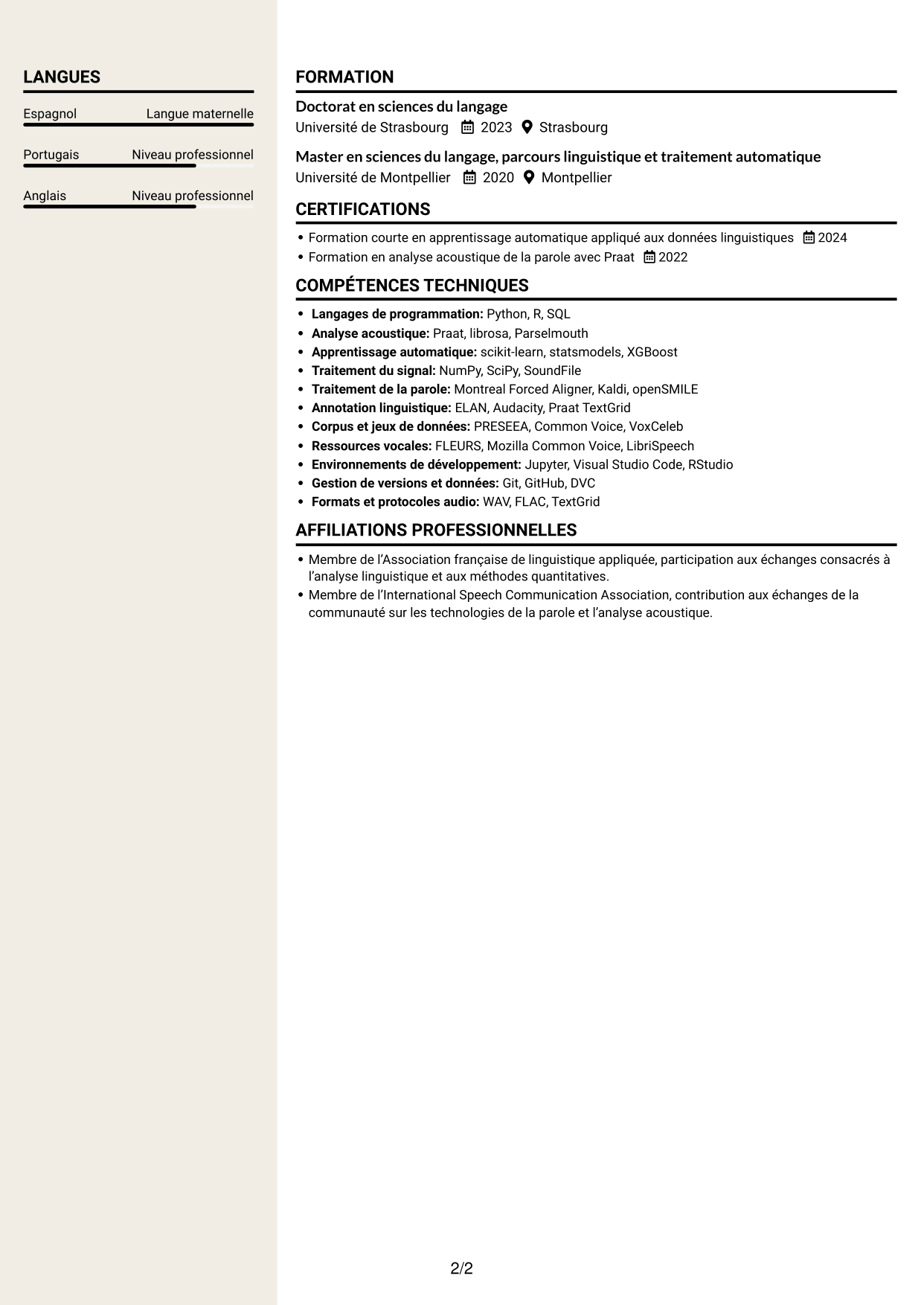 CV Fonceur (format à deux colonnes avec en-tête centré sans photo) : Chercheur postdoctoral - Variation sociophonétique et apprentissage automatique, page 2