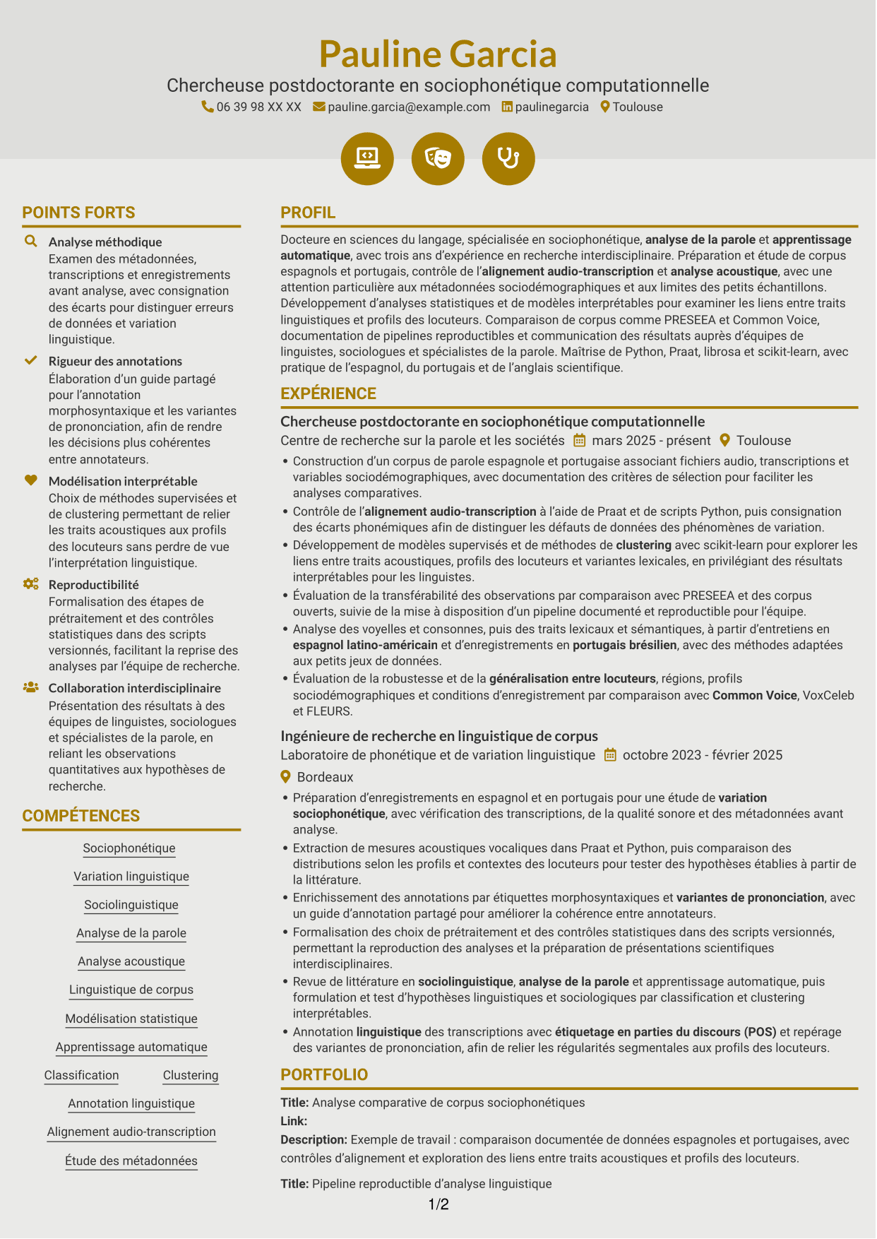 CV Dynamique (format à deux colonnes avec icônes) : Chercheur postdoctoral - Variation sociophonétique et apprentissage automatique, page 1