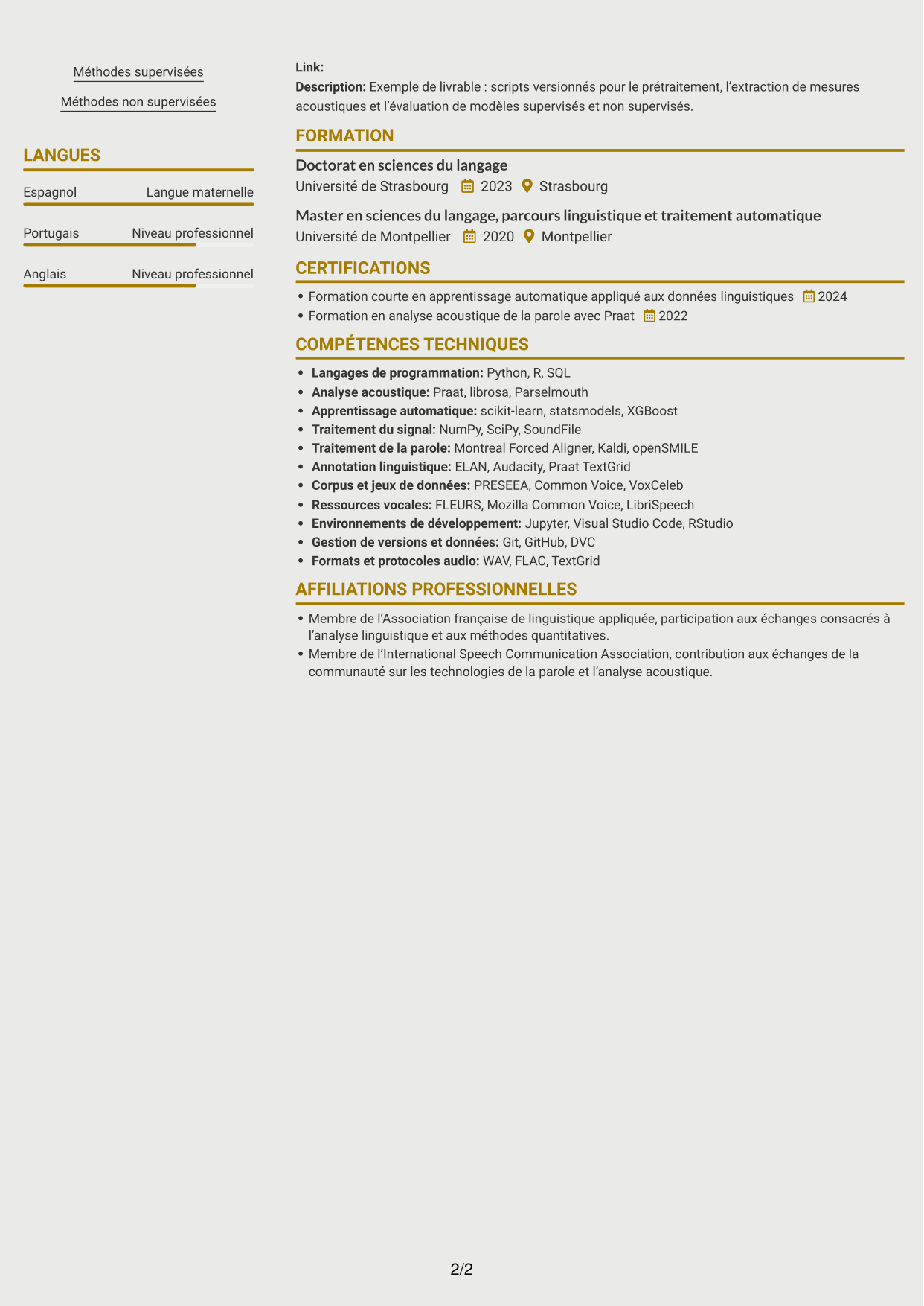 CV Dynamique (format à deux colonnes avec icônes) : Chercheur postdoctoral - Variation sociophonétique et apprentissage automatique, page 2
